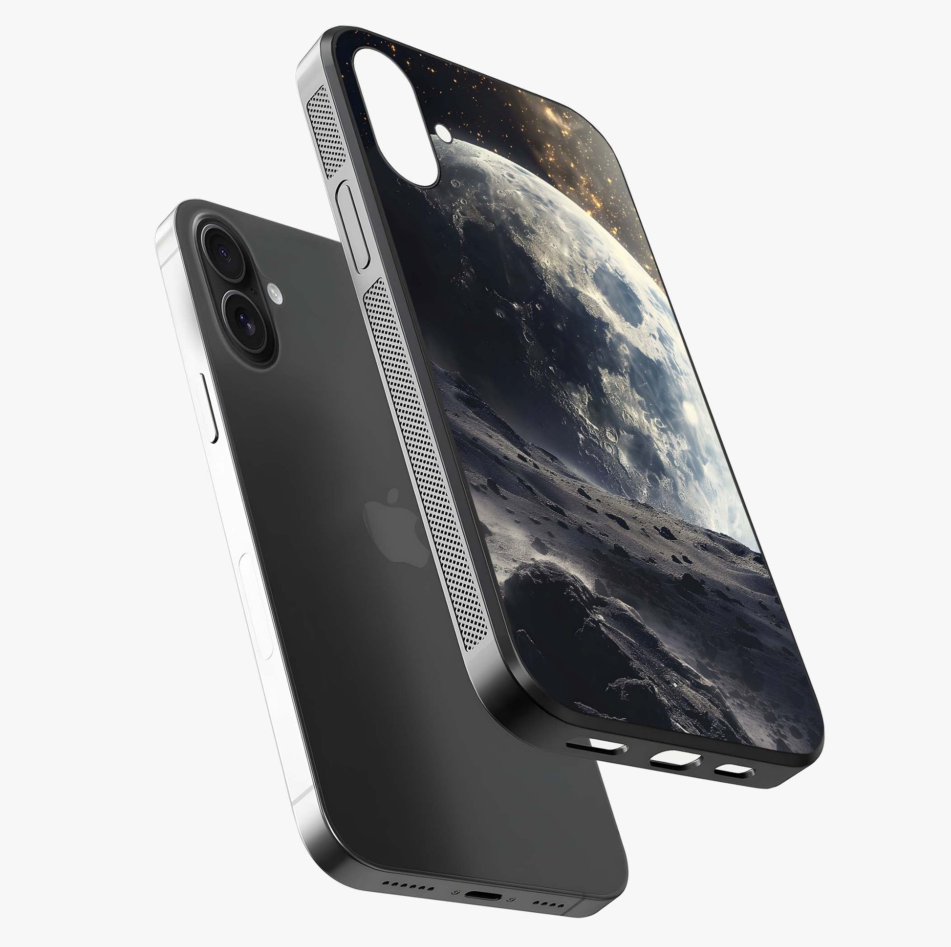 Lunar Horizon Glow Glass Case laid diagonally highlighting side profile, edges and glossy glass shine.