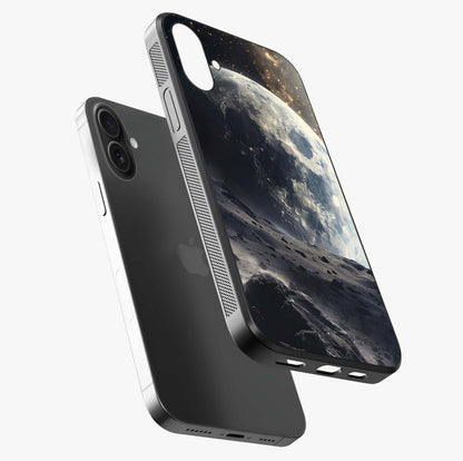 Lunar Horizon Glow Glass Case laid diagonally highlighting side profile, edges and glossy glass shine.