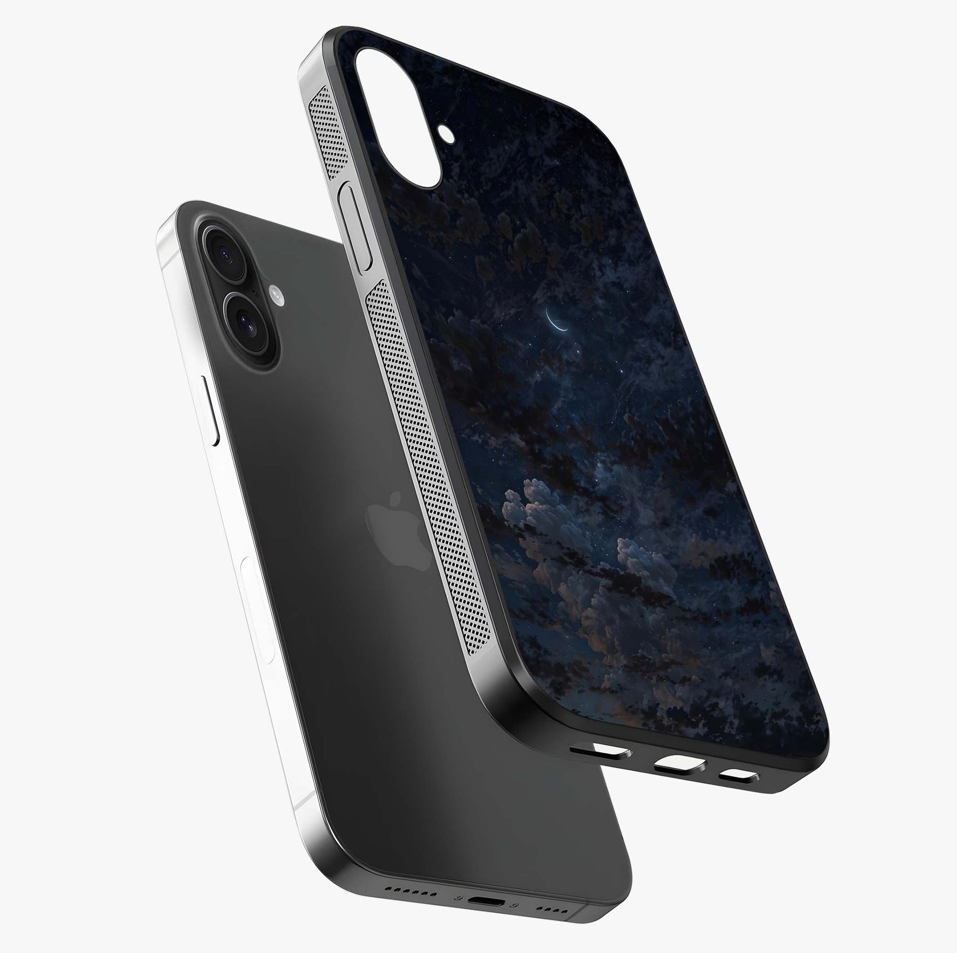 Lunar Veil Silence Glass Case laid diagonally highlighting side profile, edges and glossy glass shine.