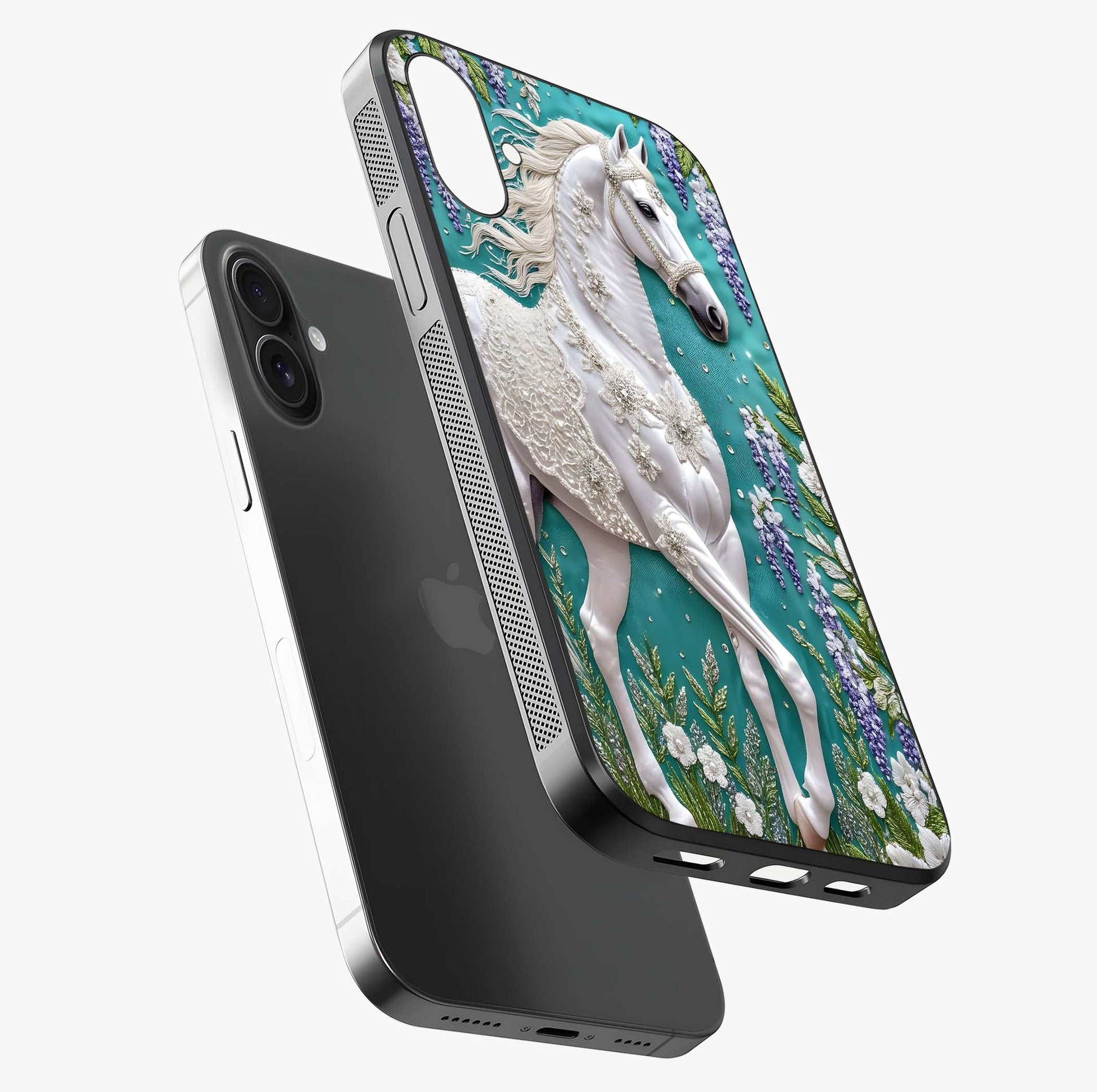 Majestic Floral Stallion Glass Case laid diagonally highlighting side profile, edges and glossy glass shine.