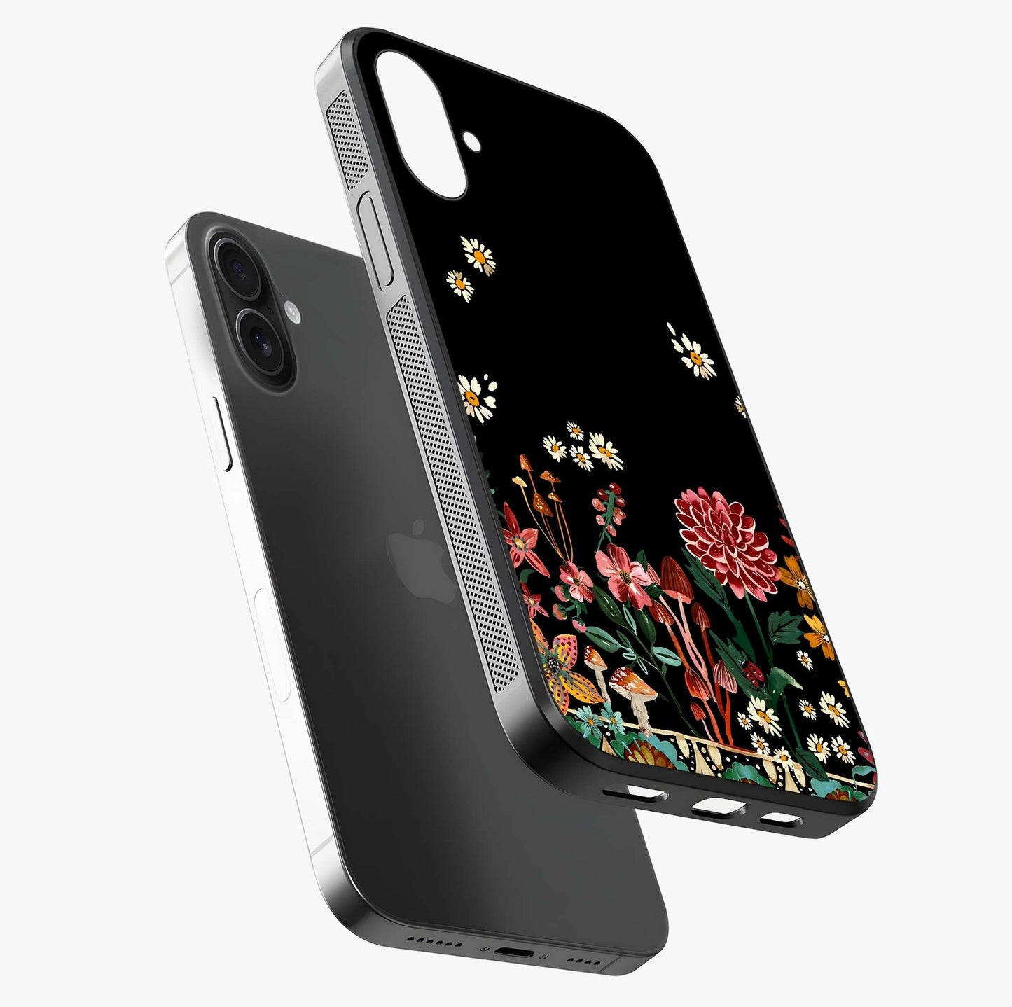 Midnight Bloom Pattern Glass Case laid diagonally highlighting side profile, edges and glossy glass shine.