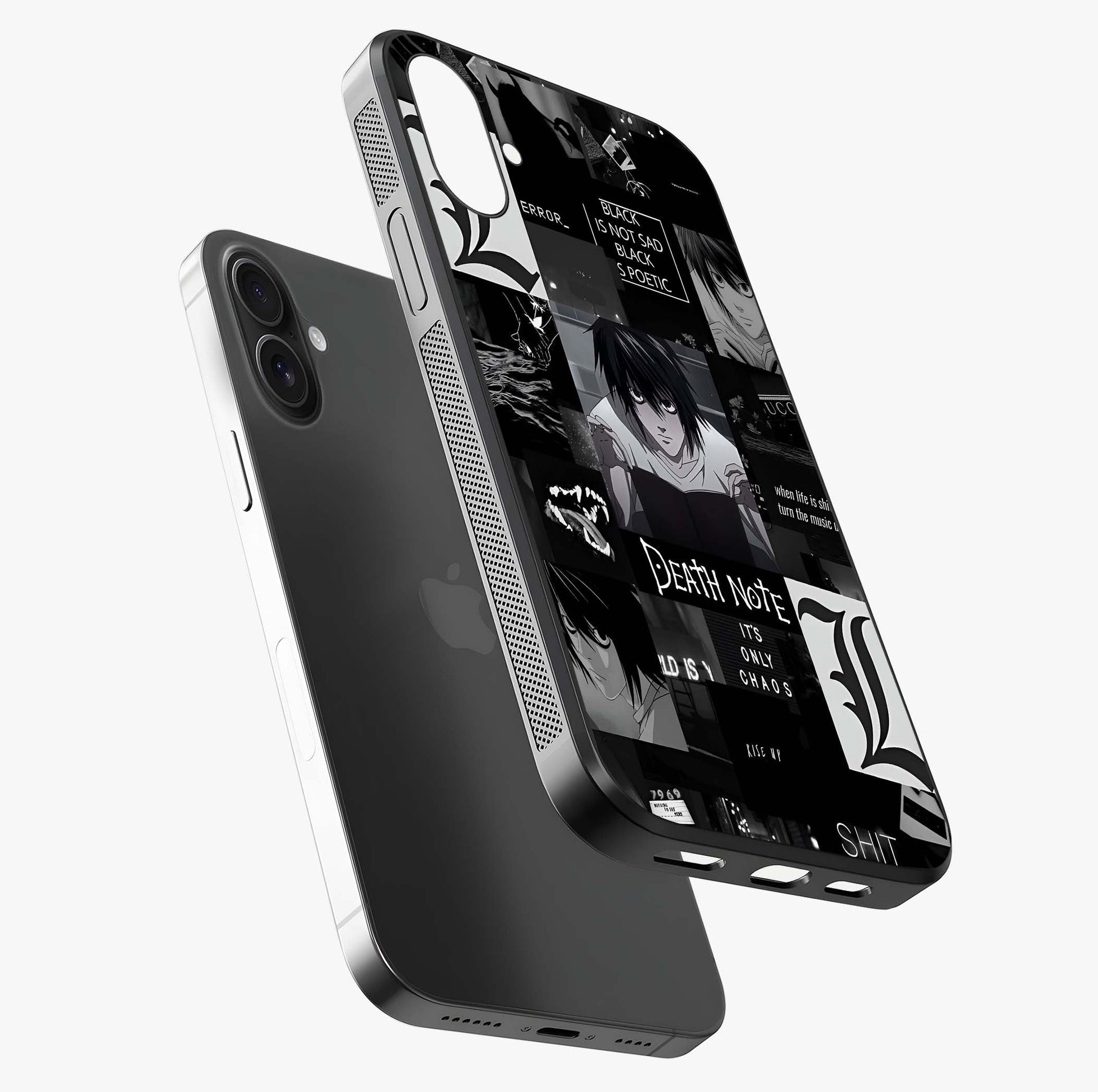 Midnight Chaos Mind Glass Case laid diagonally highlighting side profile, edges and glossy glass shine.