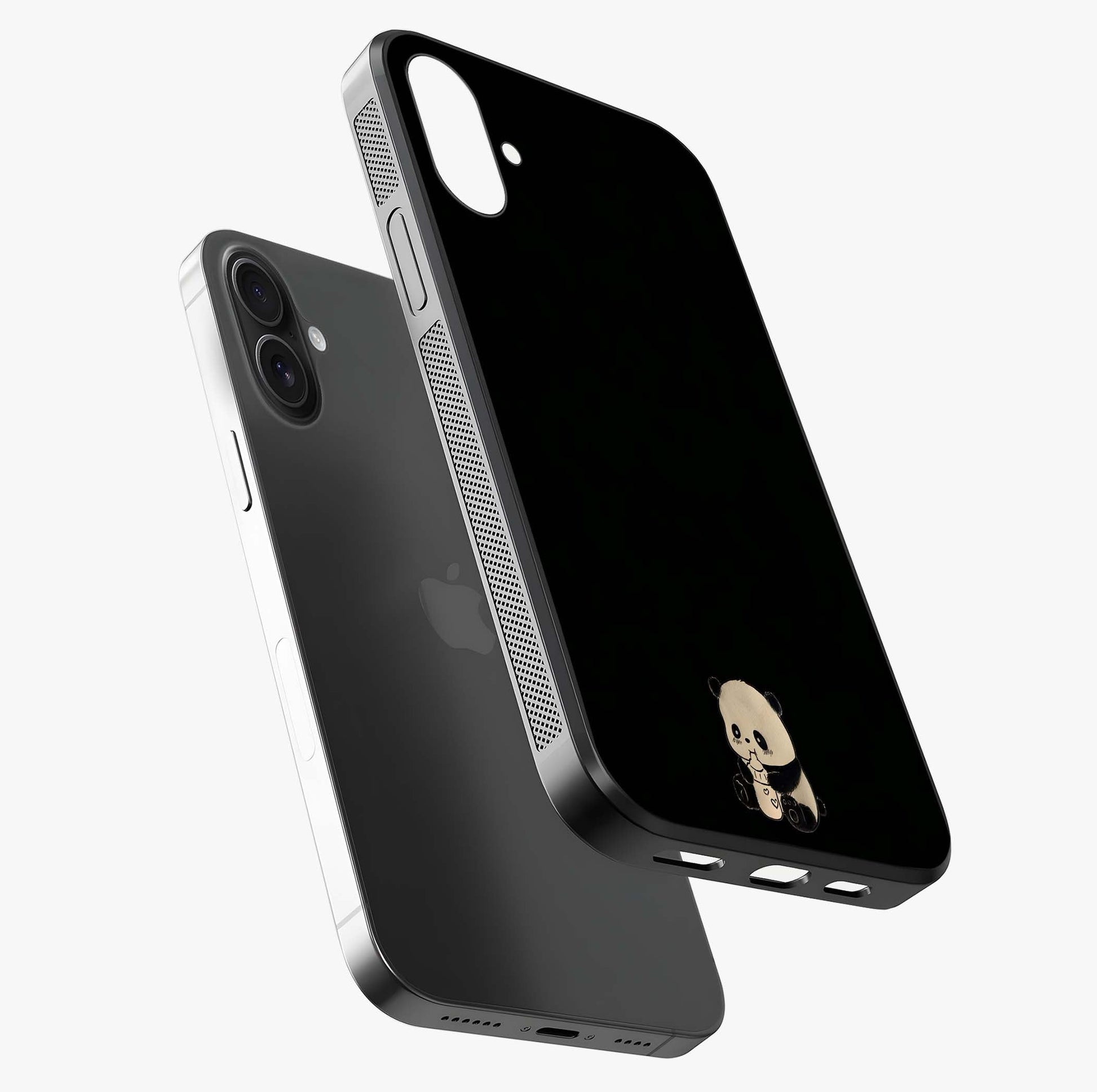 Midnight Panda Love Glass Case laid diagonally highlighting side profile, edges and glossy glass shine.