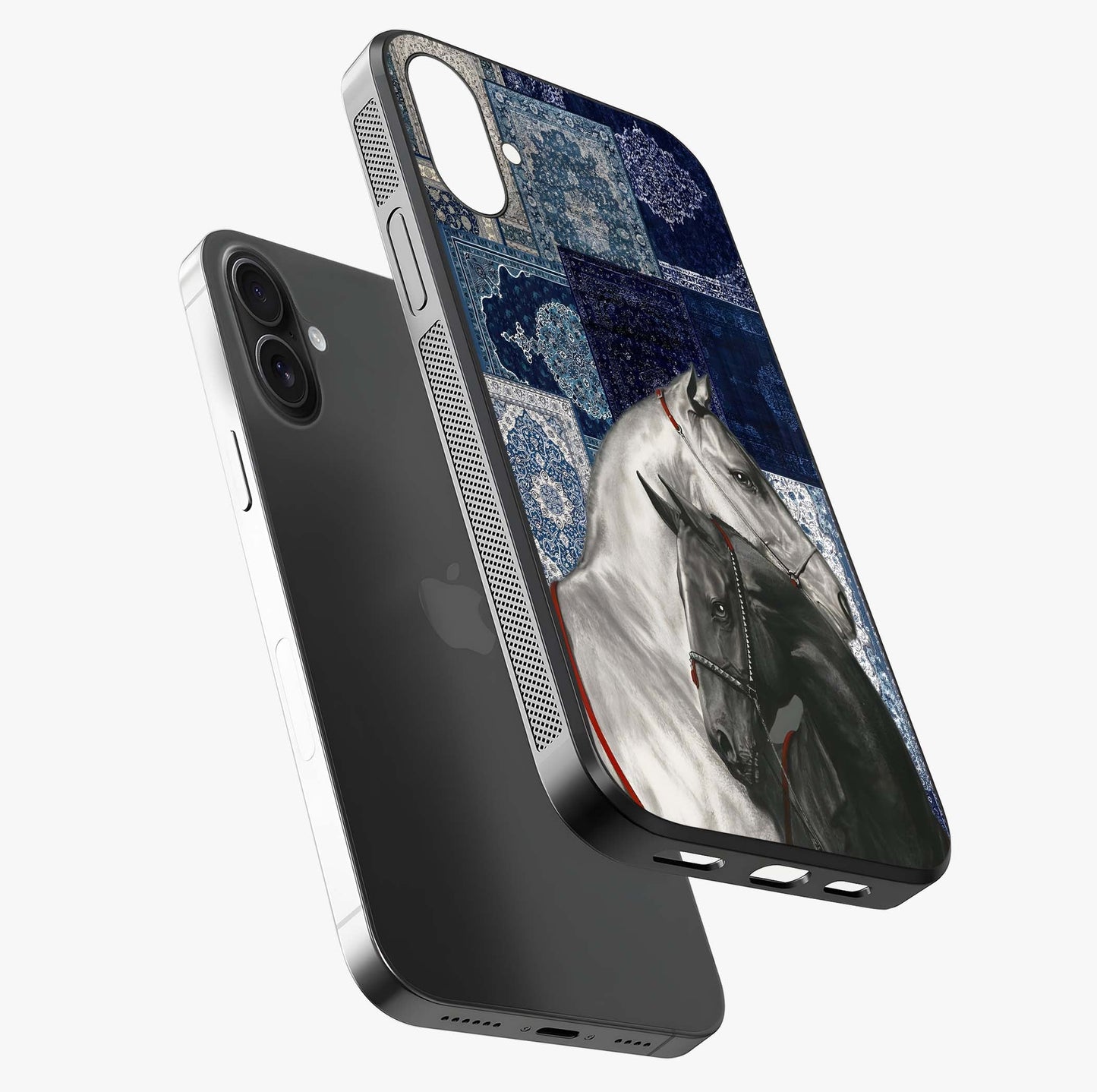 Midnight Stallion Blues Glass Case laid diagonally highlighting side profile, edges and glossy glass shine.