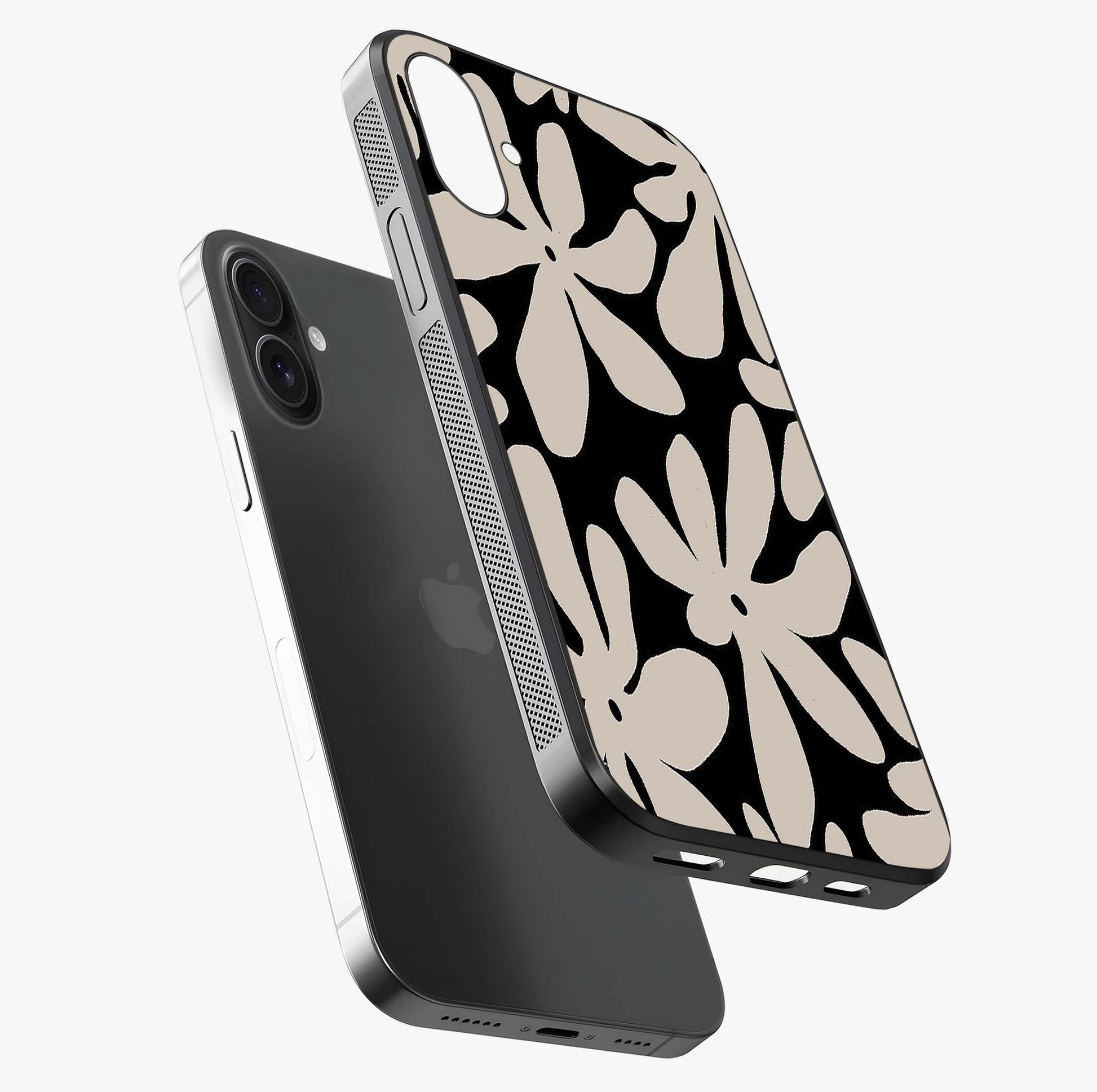 Monochrome Petal Dance Glass Case laid diagonally highlighting side profile, edges and glossy glass shine.