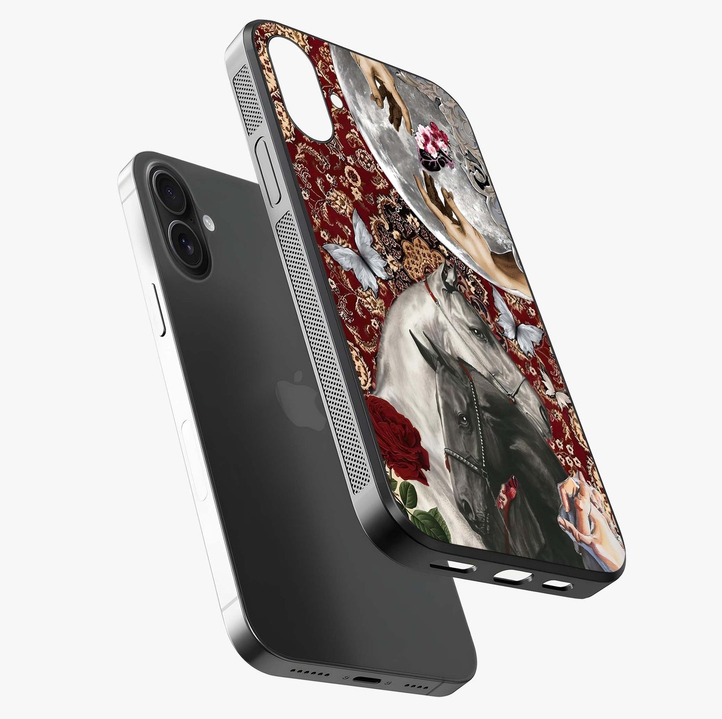 Moonlit Royal Stallion Glass Case laid diagonally highlighting side profile, edges and glossy glass shine.