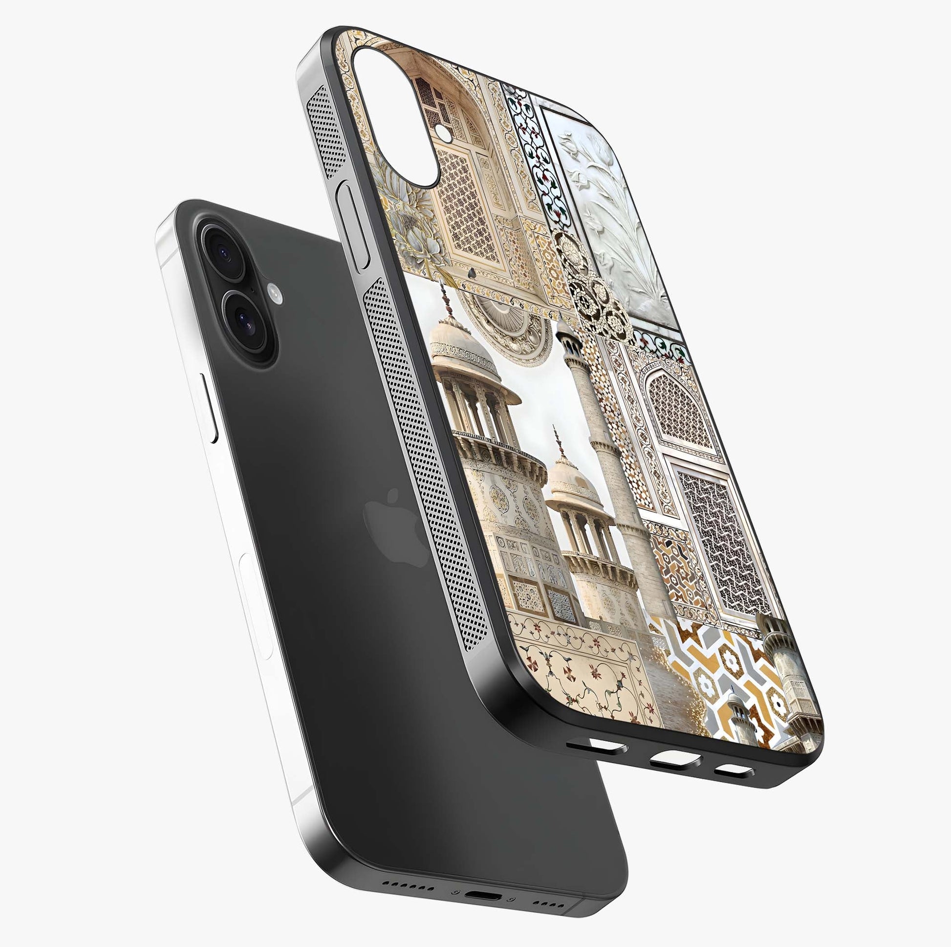 Mughal Marble Legacy Glass Case laid diagonally highlighting side profile, edges and glossy glass shine.