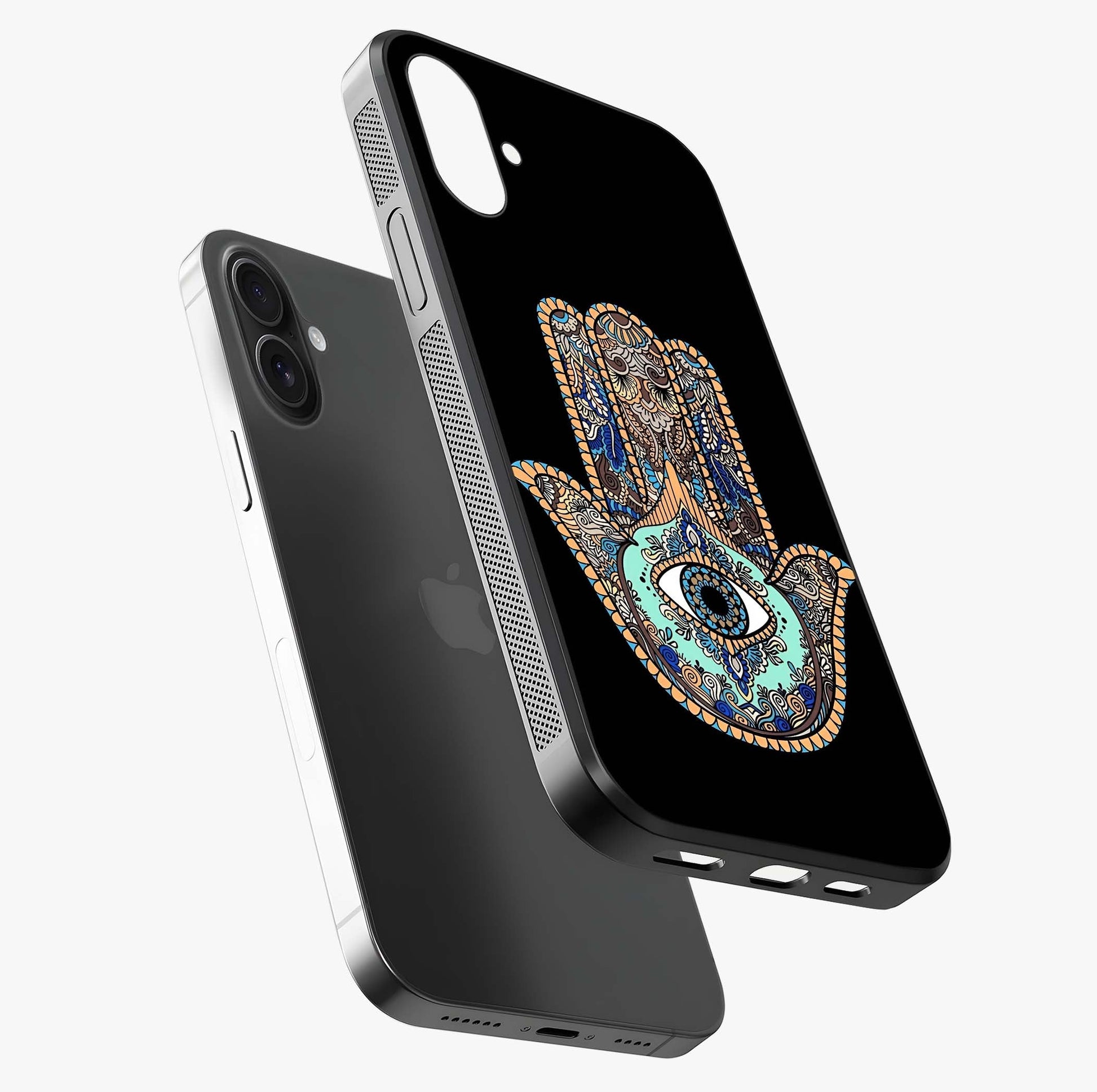 Mystic Hamsa Eye Glass Case laid diagonally highlighting side profile, edges and glossy glass shine.