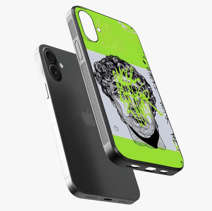 Neo Graffiti Rebellion Glass Case laid diagonally highlighting side profile, edges and glossy glass shine.