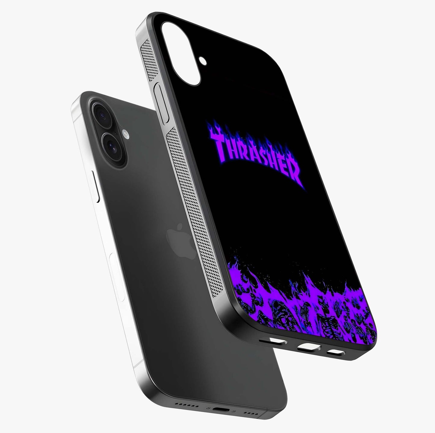 Neon Flame Riot Glass Case laid diagonally highlighting side profile, edges and glossy glass shine.