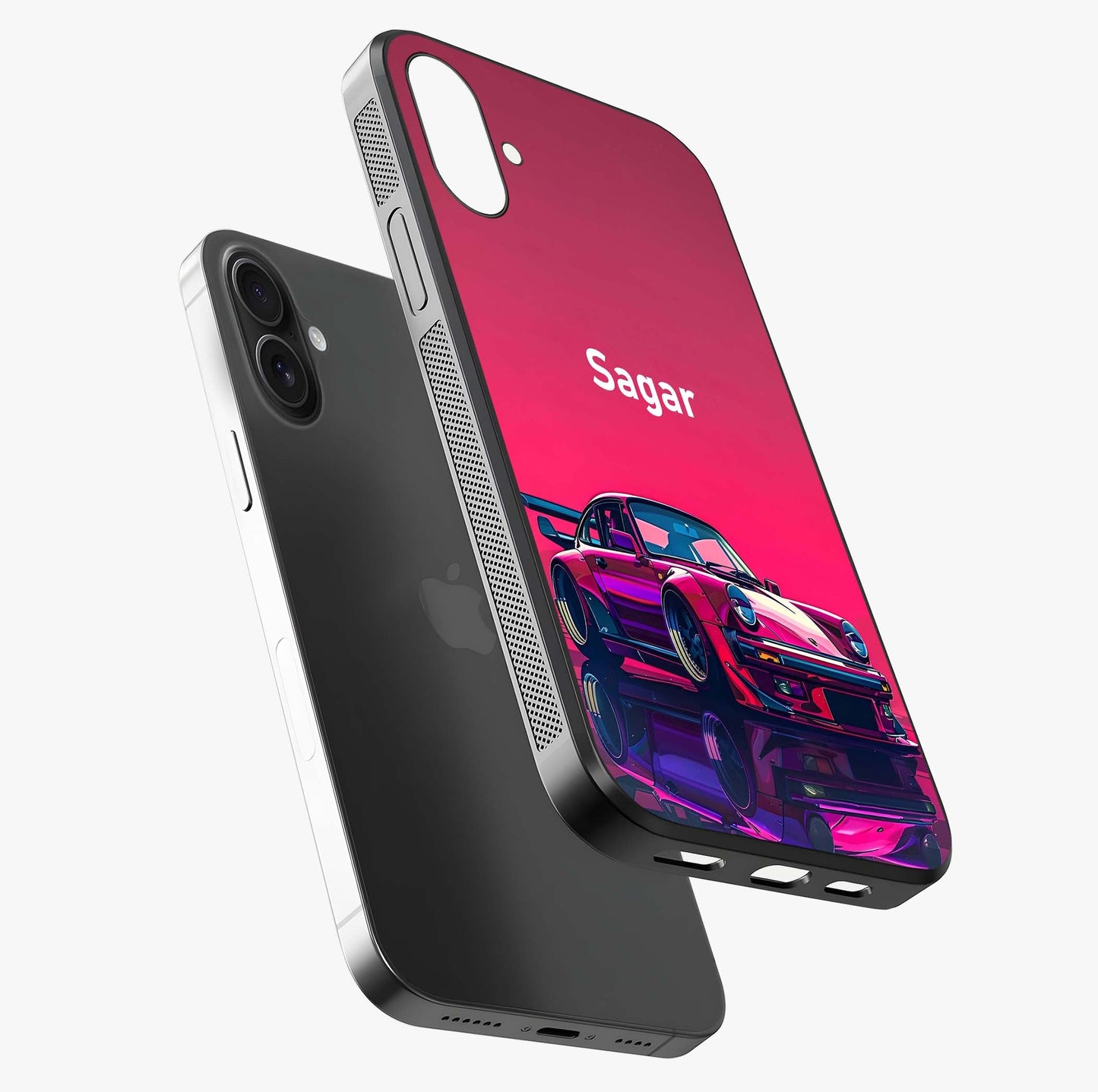 Neon Pink Porsche Glass Case laid diagonally highlighting side profile, edges and glossy glass shine.