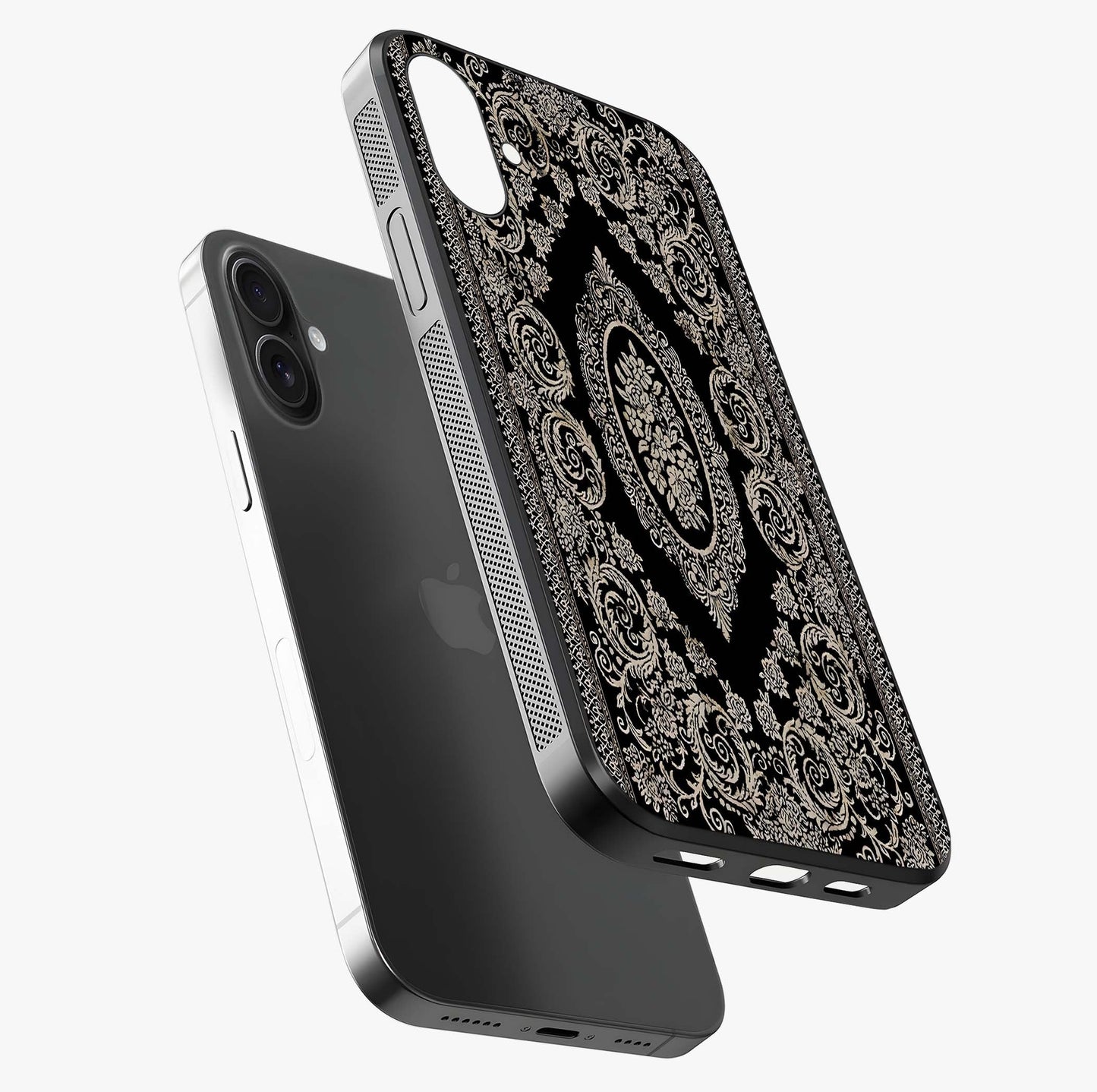 Noir Bloom Elegance Glass Case laid diagonally highlighting side profile, edges and glossy glass shine.