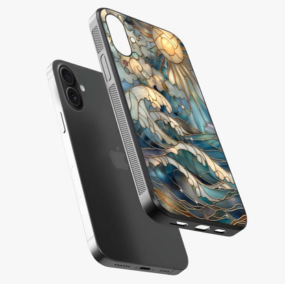 Oceanic Stained Printed Glass Case laid diagonally highlighting side profile, edges and glossy glass shine.
