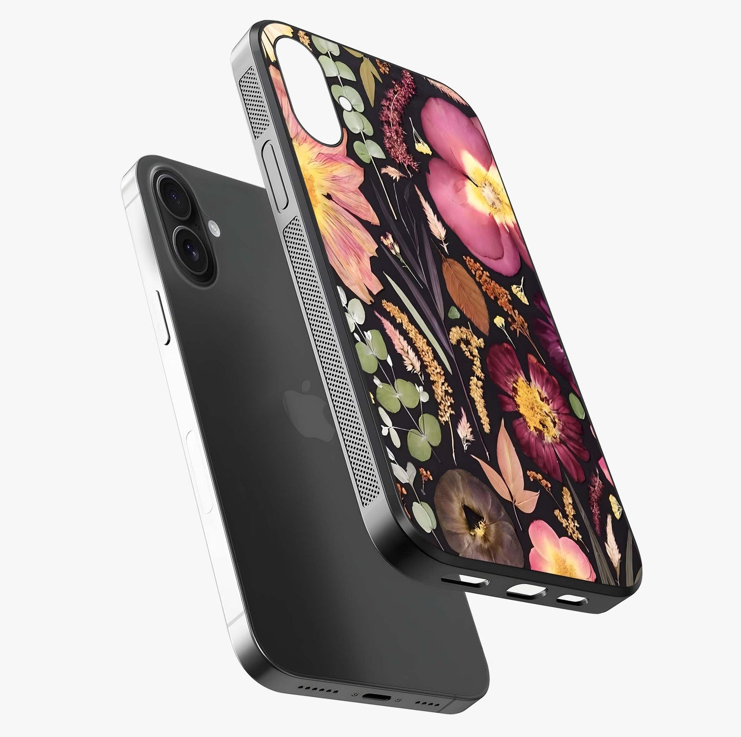Petal Dream Tapestry Glass Case laid diagonally highlighting side profile, edges and glossy glass shine.