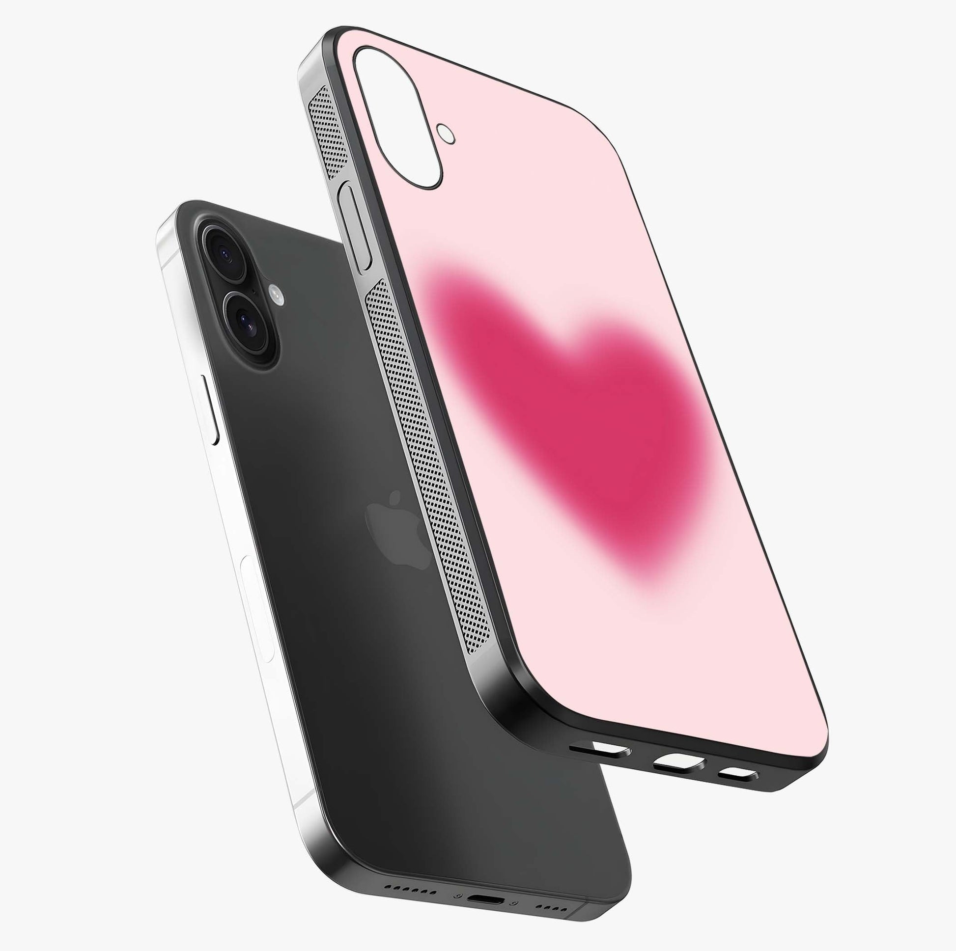 Pink Aura Heart Glass Case laid diagonally highlighting side profile, edges and glossy glass shine.