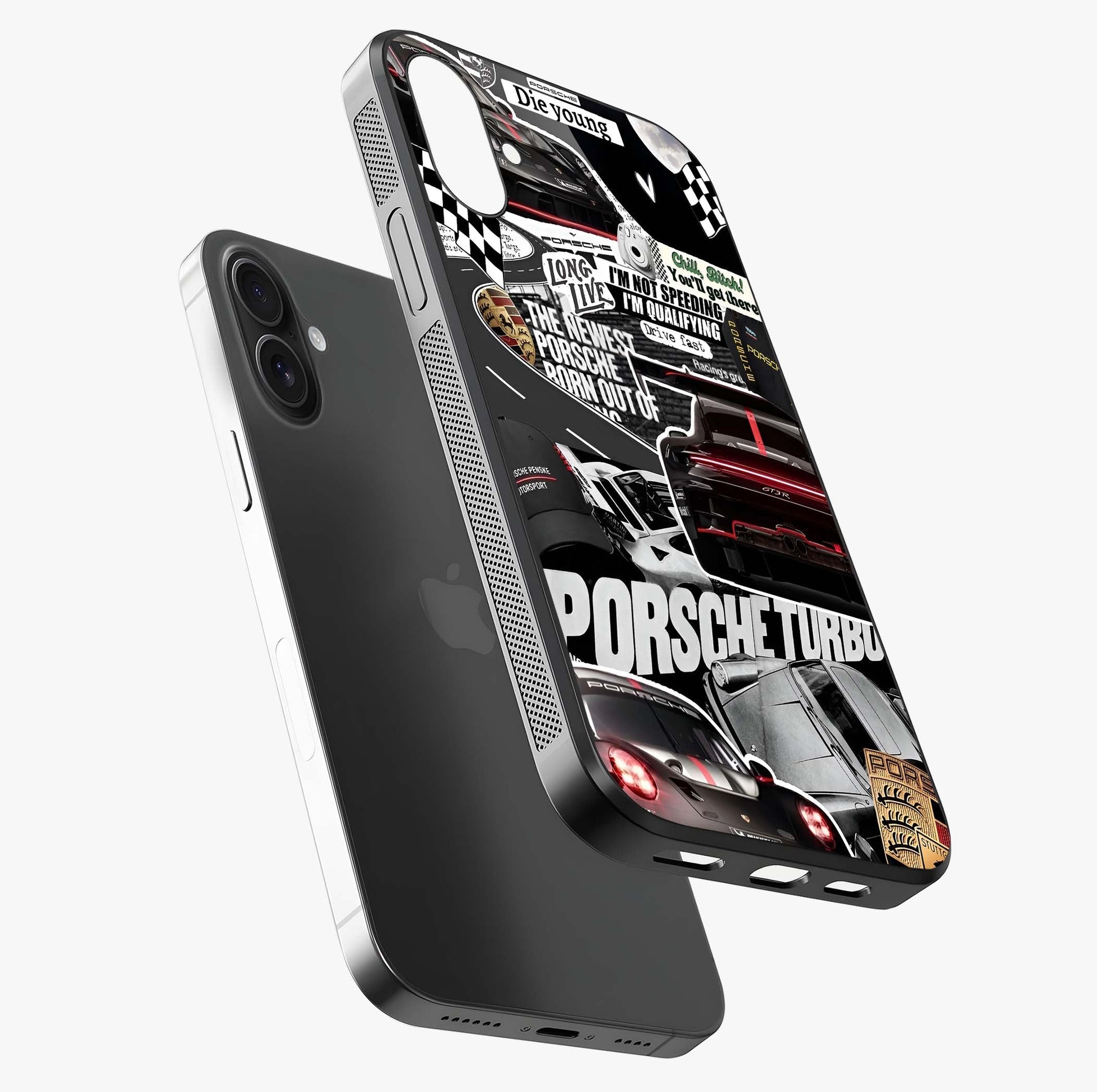 Porsche Racing Collage Glass Case laid diagonally highlighting side profile, edges and glossy glass shine.