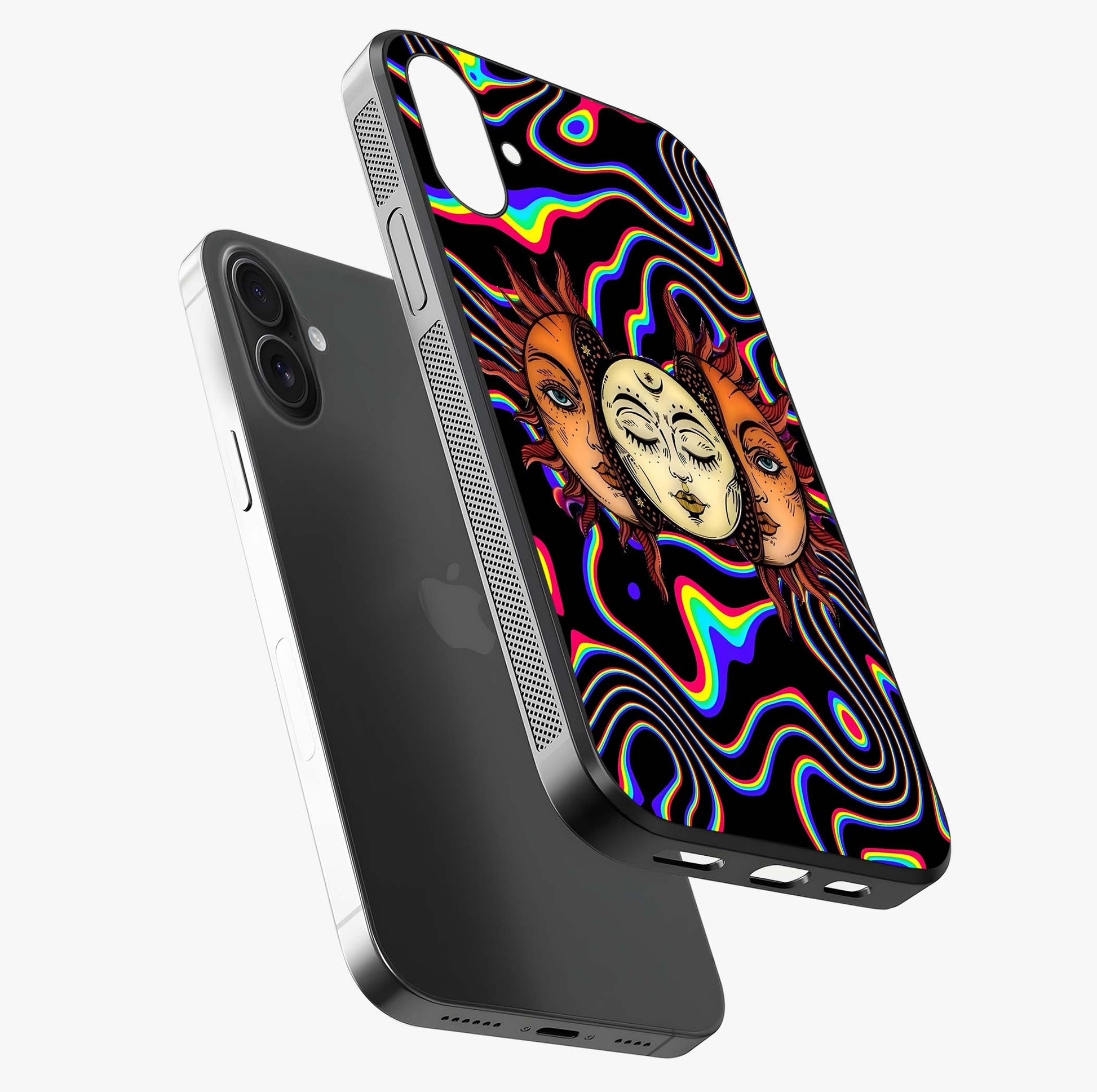 Psychedelic Sun Glass Case laid diagonally highlighting side profile, edges and glossy glass shine.