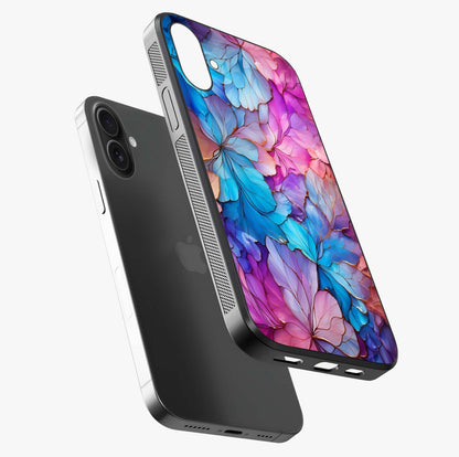 Radiant Floral Whirl Glass Case laid diagonally highlighting side profile, edges and glossy glass shine.