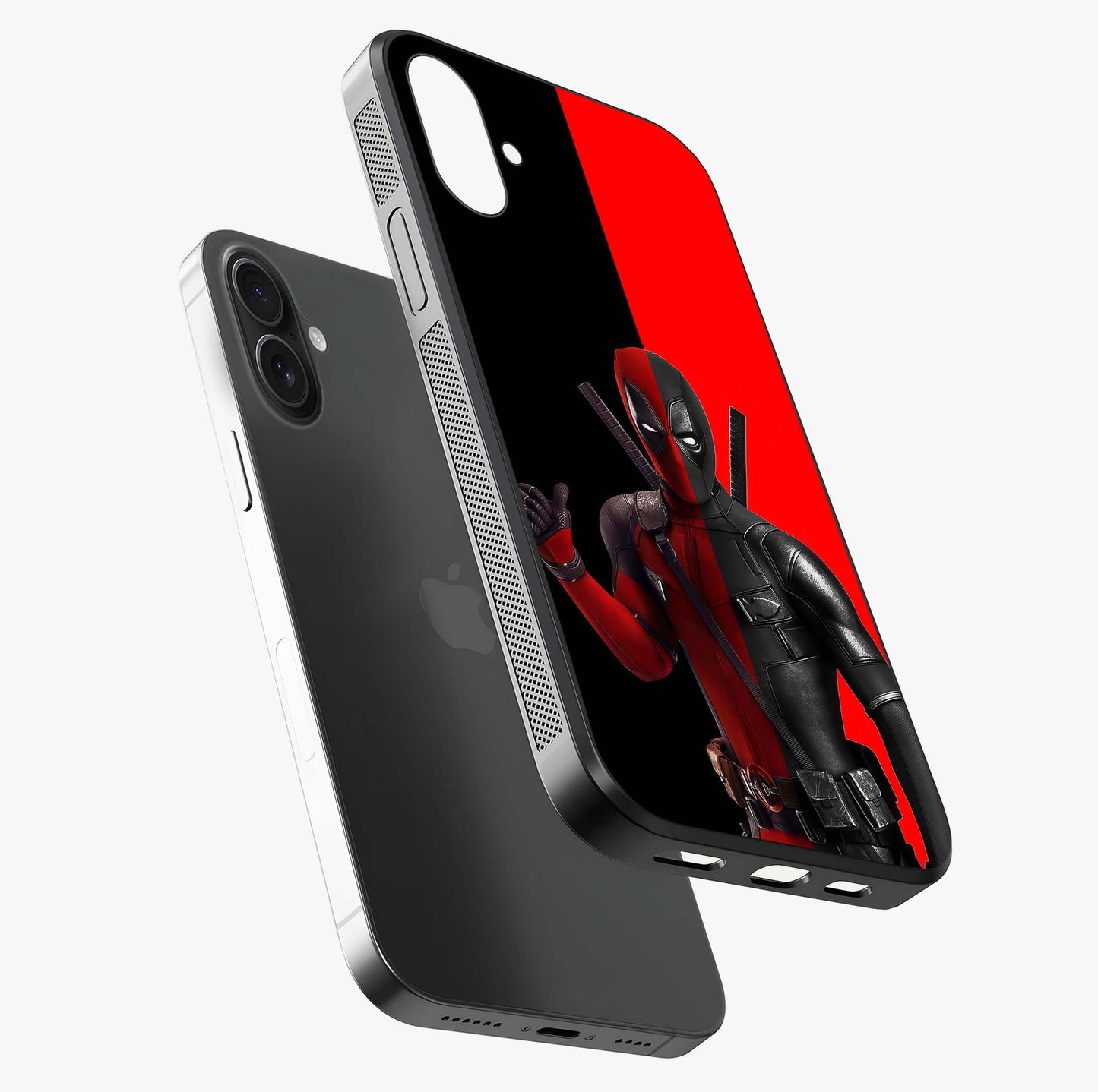 Red & Black Deadpool Theme Glass Case laid diagonally highlighting side profile, edges and glossy glass shine.