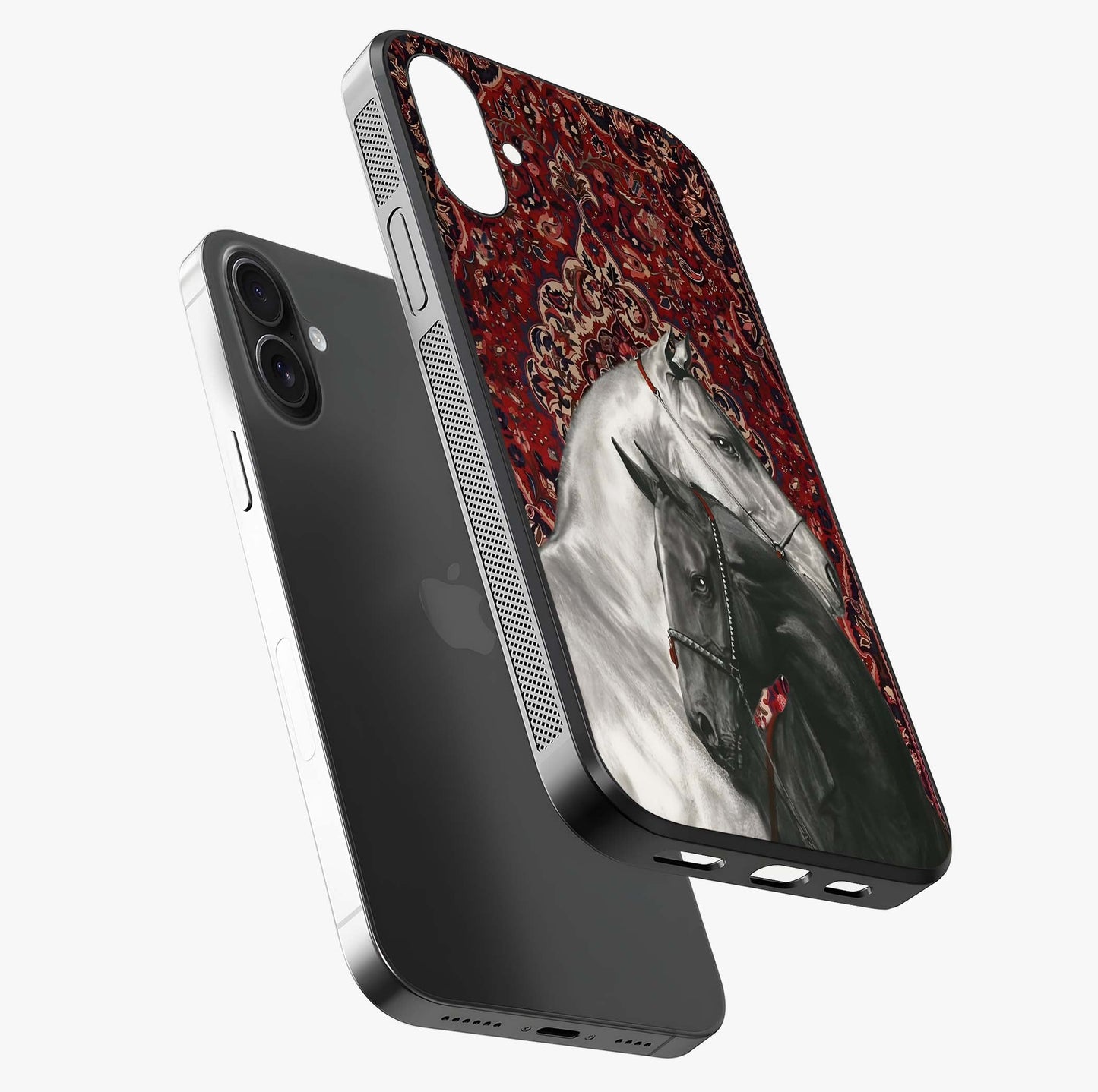 Regal Stallion Tapestry Glass Case laid diagonally highlighting side profile, edges and glossy glass shine.