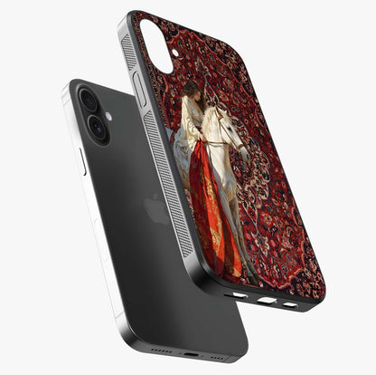 Royal Rider Tapestry Glass Case laid diagonally highlighting side profile, edges and glossy glass shine.