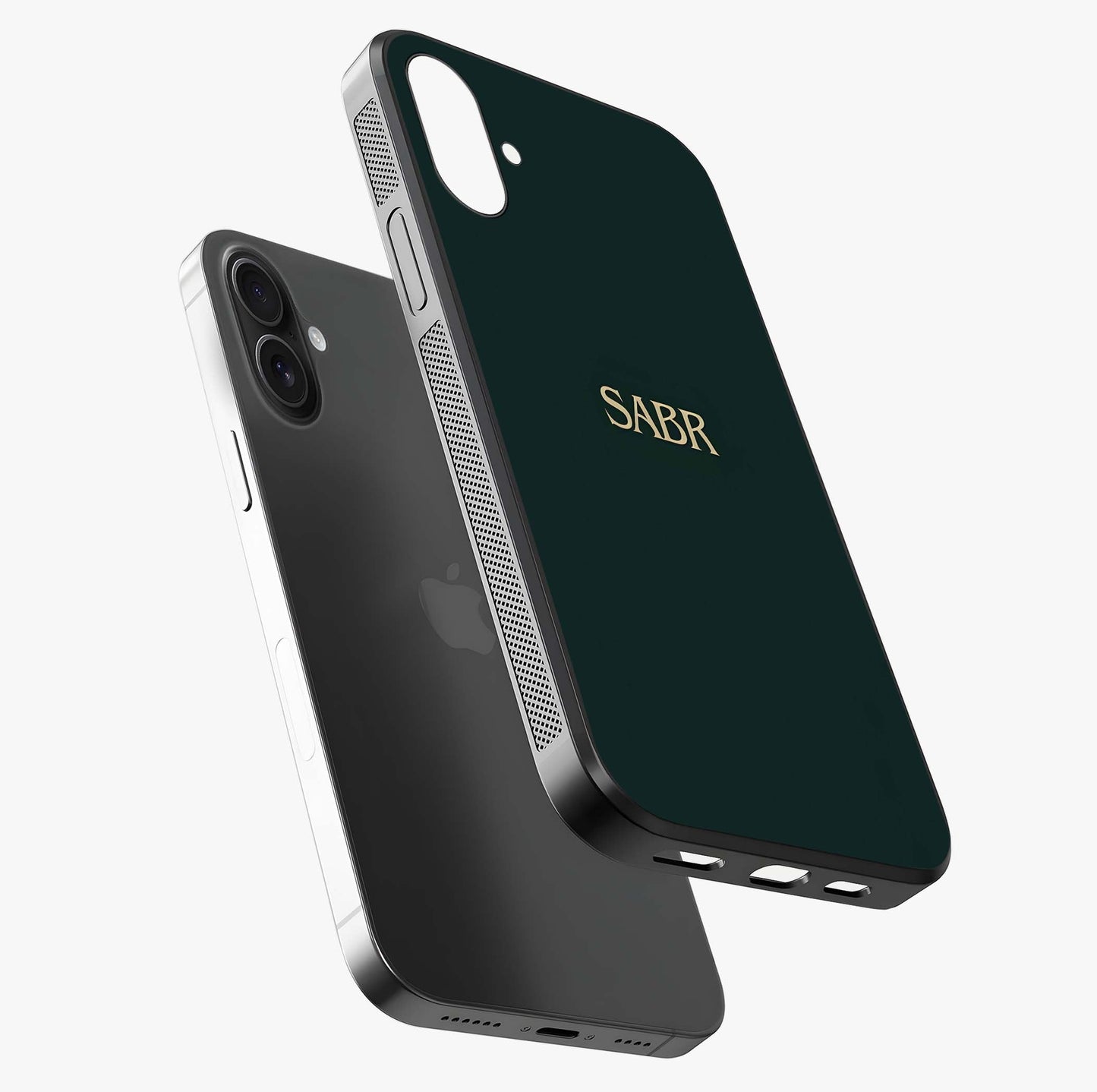 Sabr Minimal Patience Glass Case laid diagonally highlighting side profile, edges and glossy glass shine.