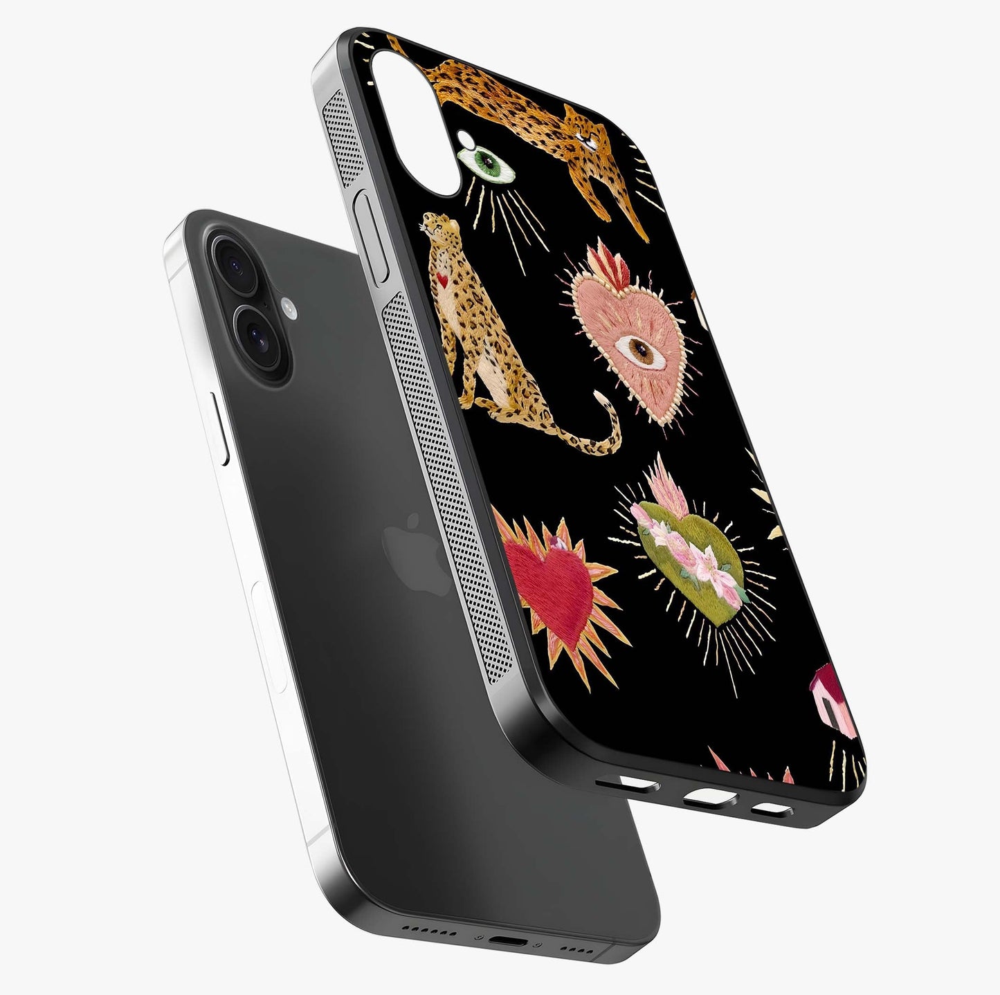 Sacred Jungle Heart Glass Case laid diagonally highlighting side profile, edges and glossy glass shine.