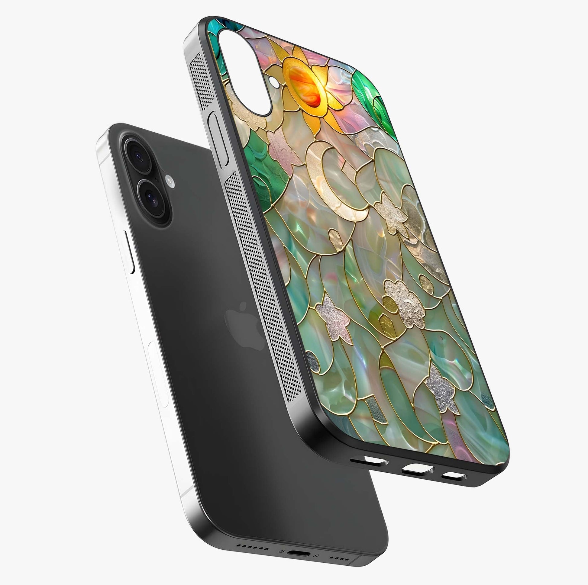 Stained Sunrise Glow Glass Case laid diagonally highlighting side profile, edges and glossy glass shine.