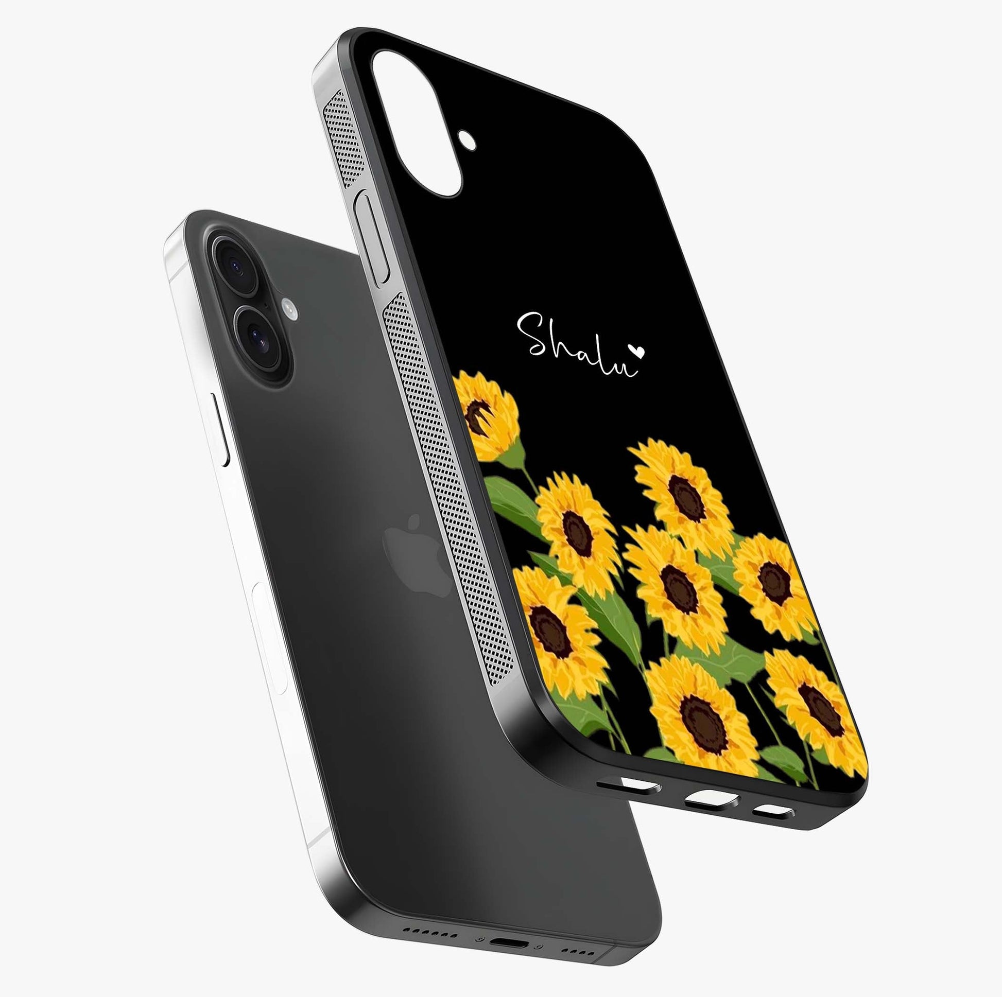 Sunflower Chic Mood Custom Name Glass Case laid diagonally highlighting side profile, edges and glossy glass shine.