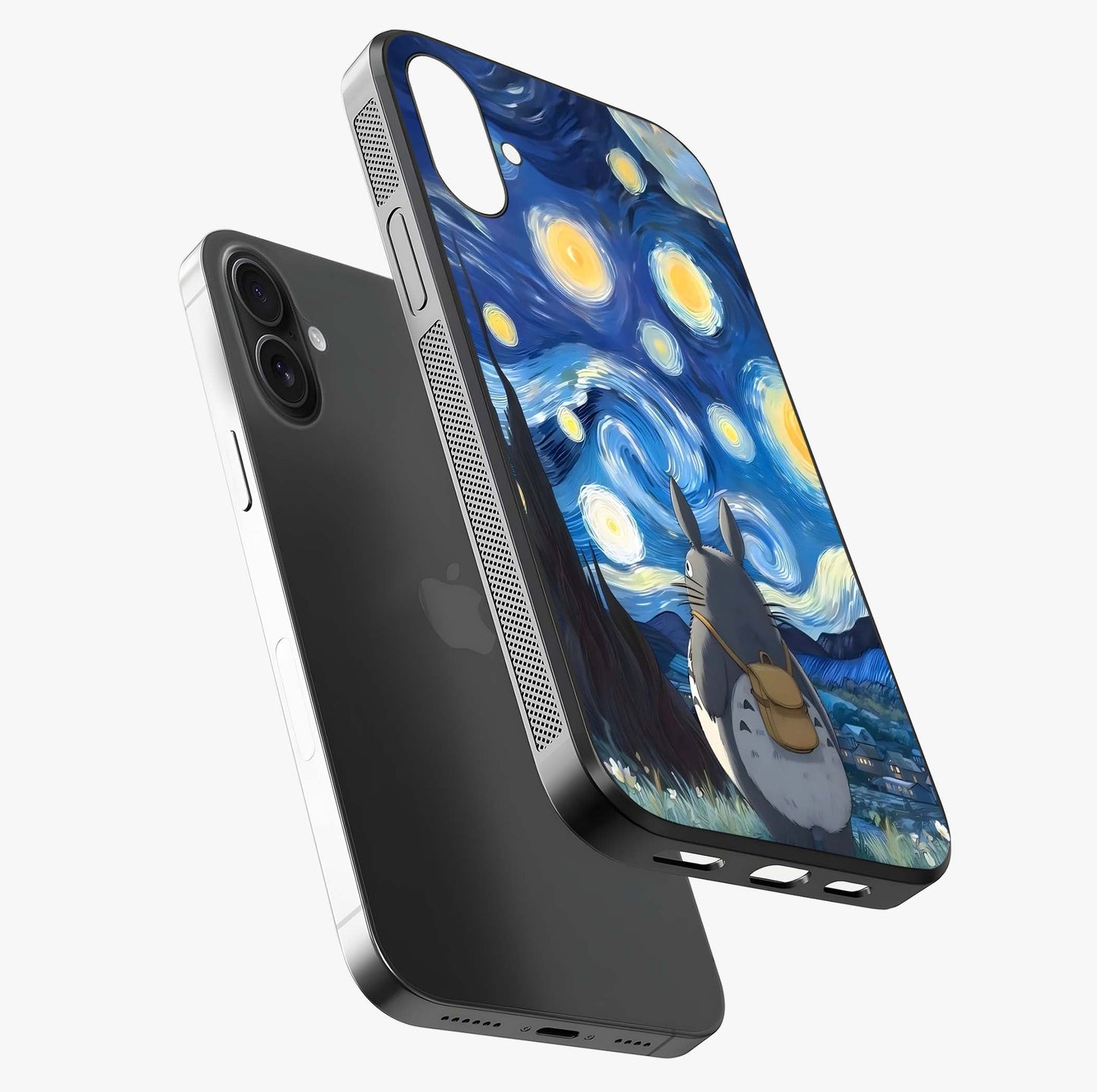 Totoro In Van Gogh Art Glass Case laid diagonally highlighting side profile, edges and glossy glass shine.