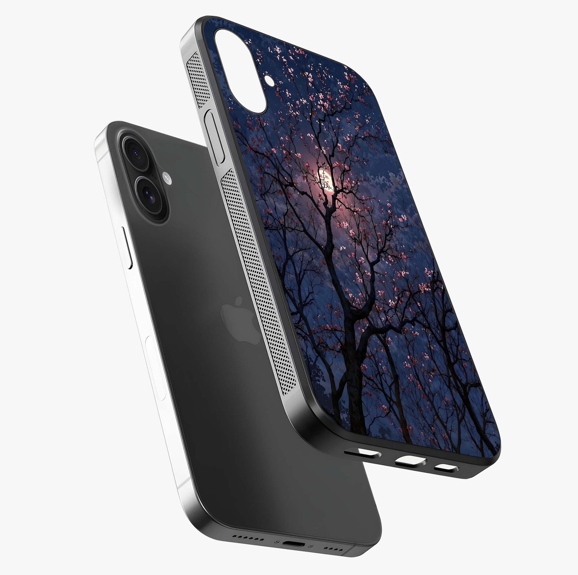Twilight Sakura Serenade Glass Case laid diagonally highlighting side profile, edges and glossy glass shine.