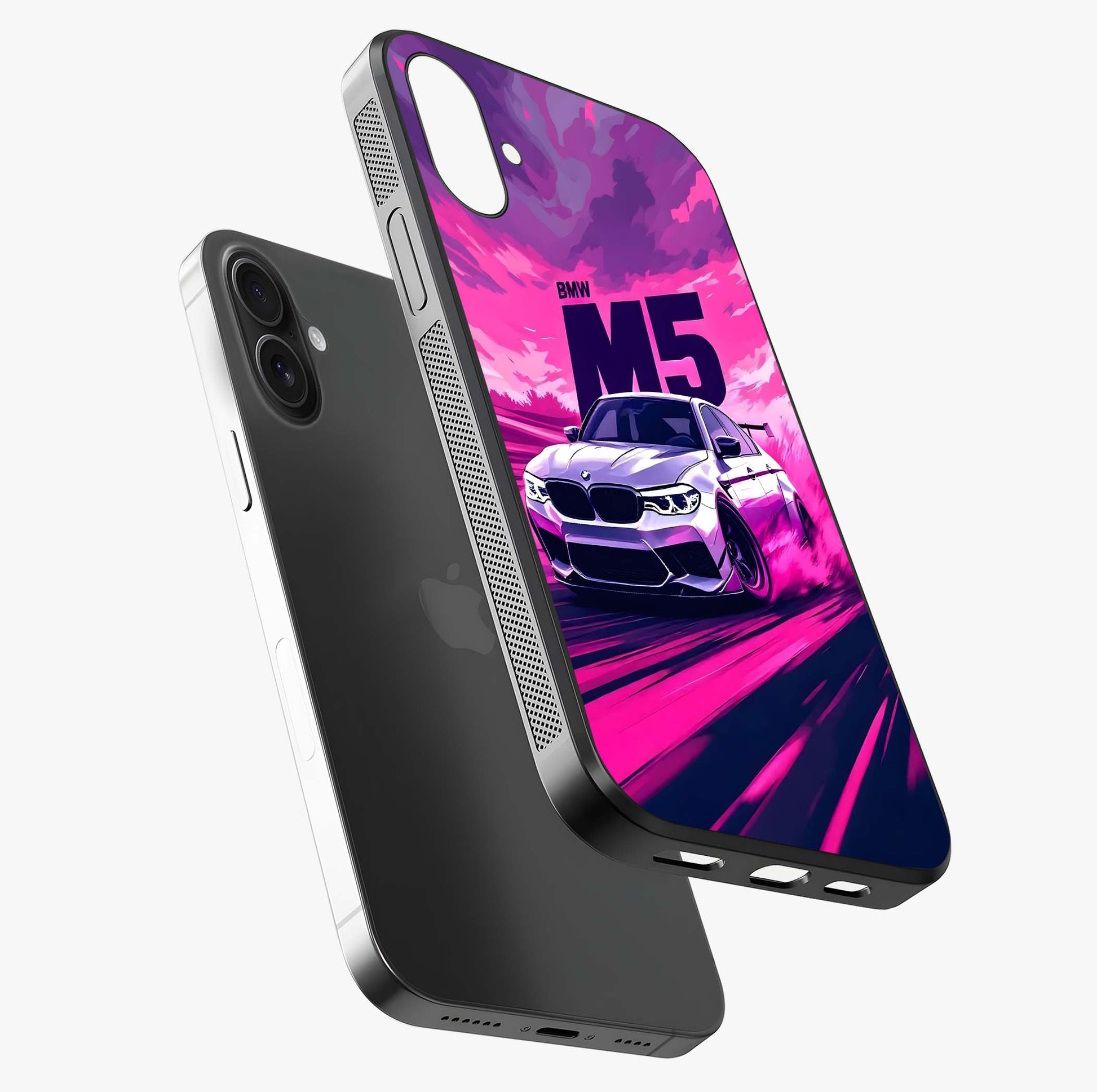Velocity Drift Pulse Glass Case laid diagonally highlighting side profile, edges and glossy glass shine.