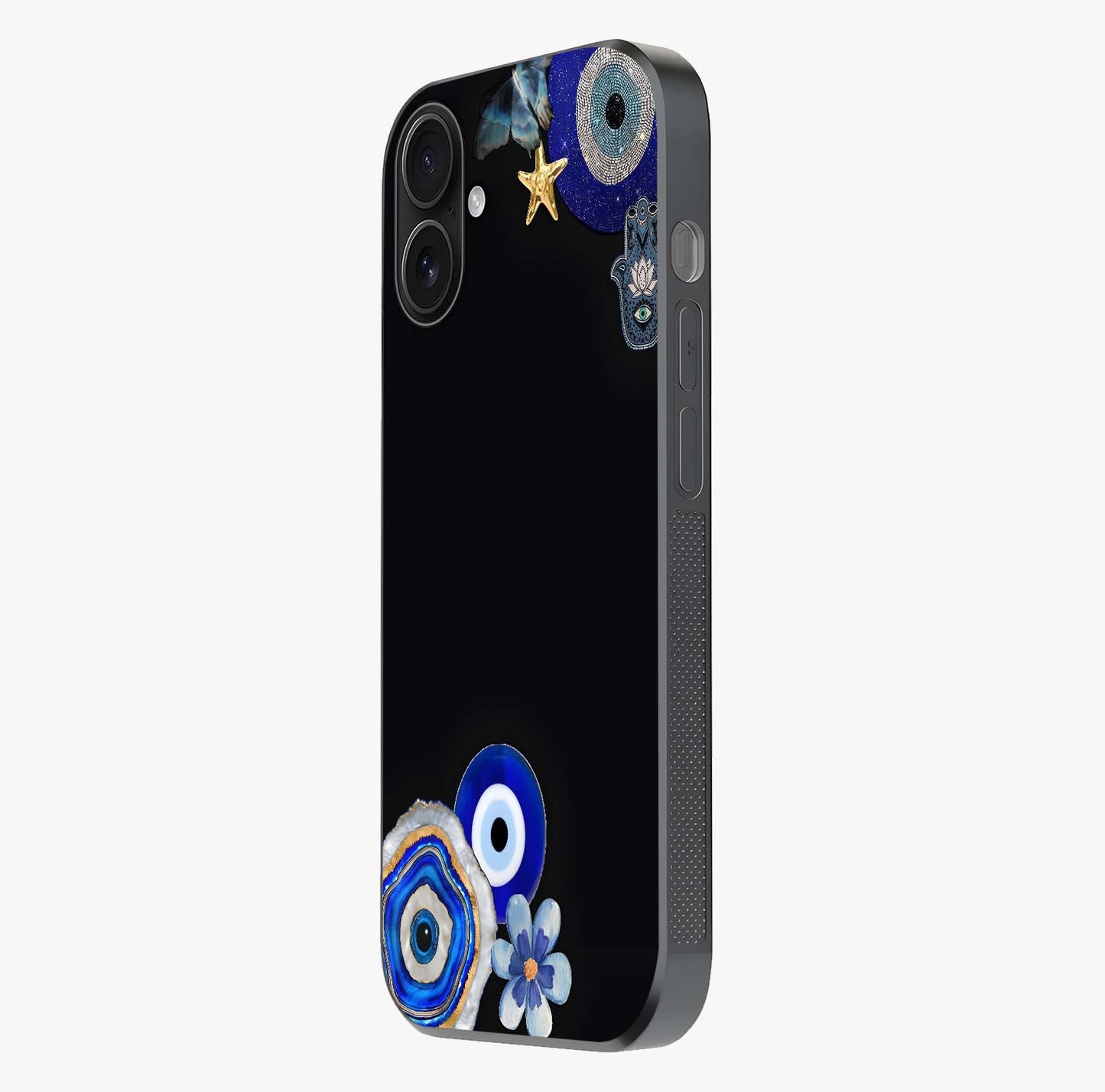 Aesthetic Blue Evil Eye Glass Case photographed in natural light showing reflective finish and design depth.