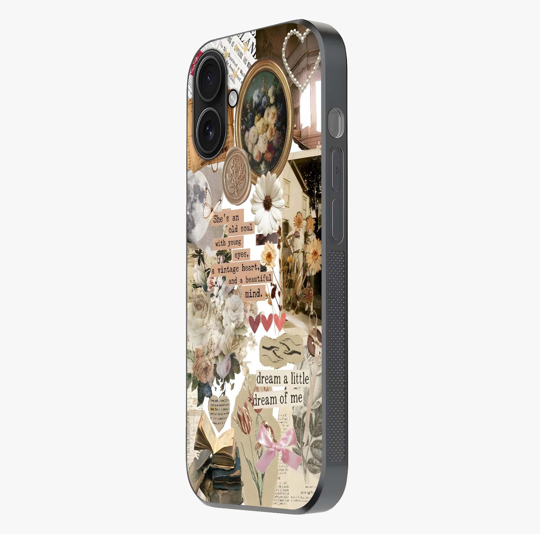 Aesthetic Brown Vintage Collage Glass Case photographed in natural light showing reflective finish and design depth.