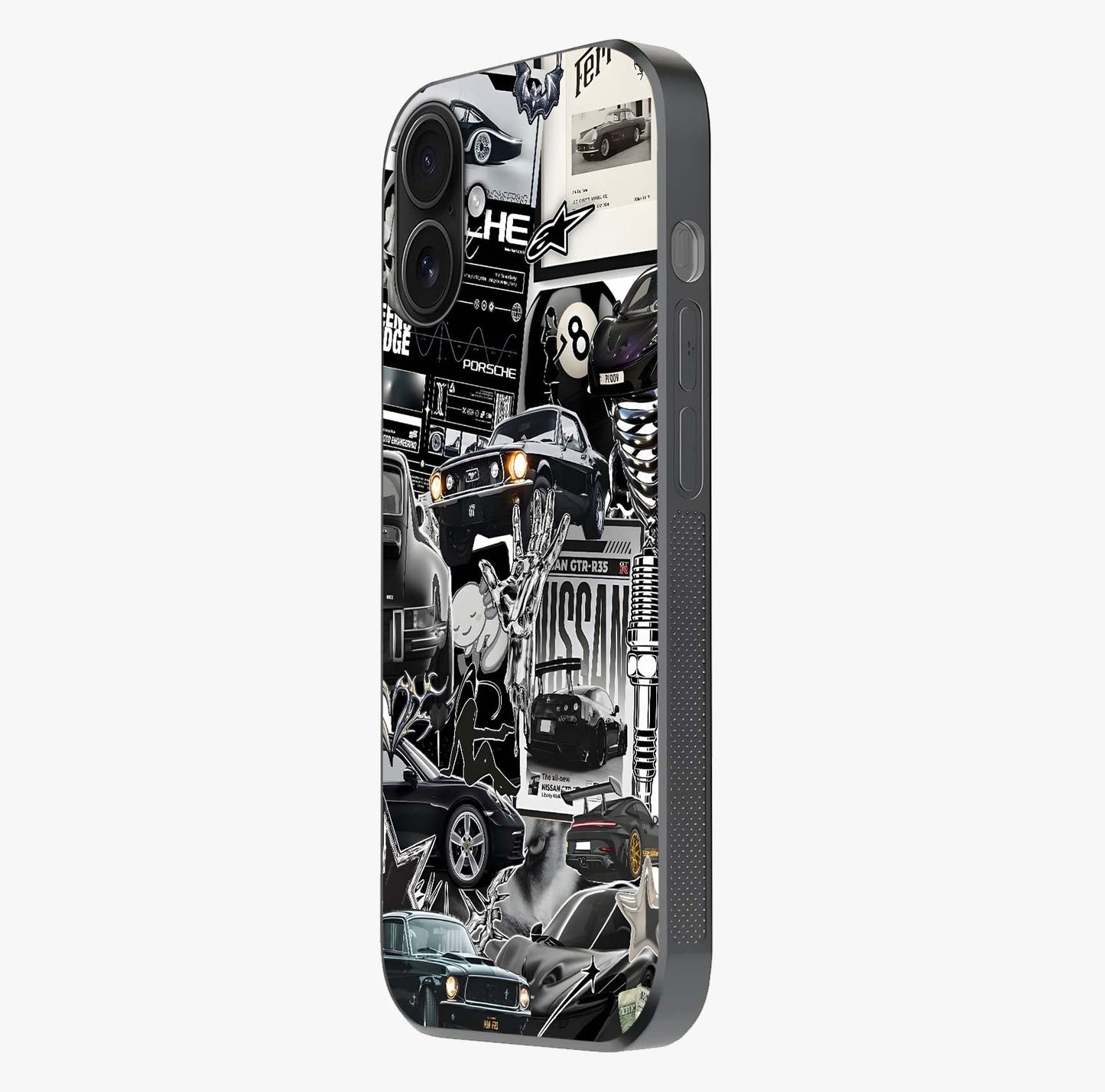 Aesthetic Dark Love Glass Case photographed in natural light showing reflective finish and design depth.