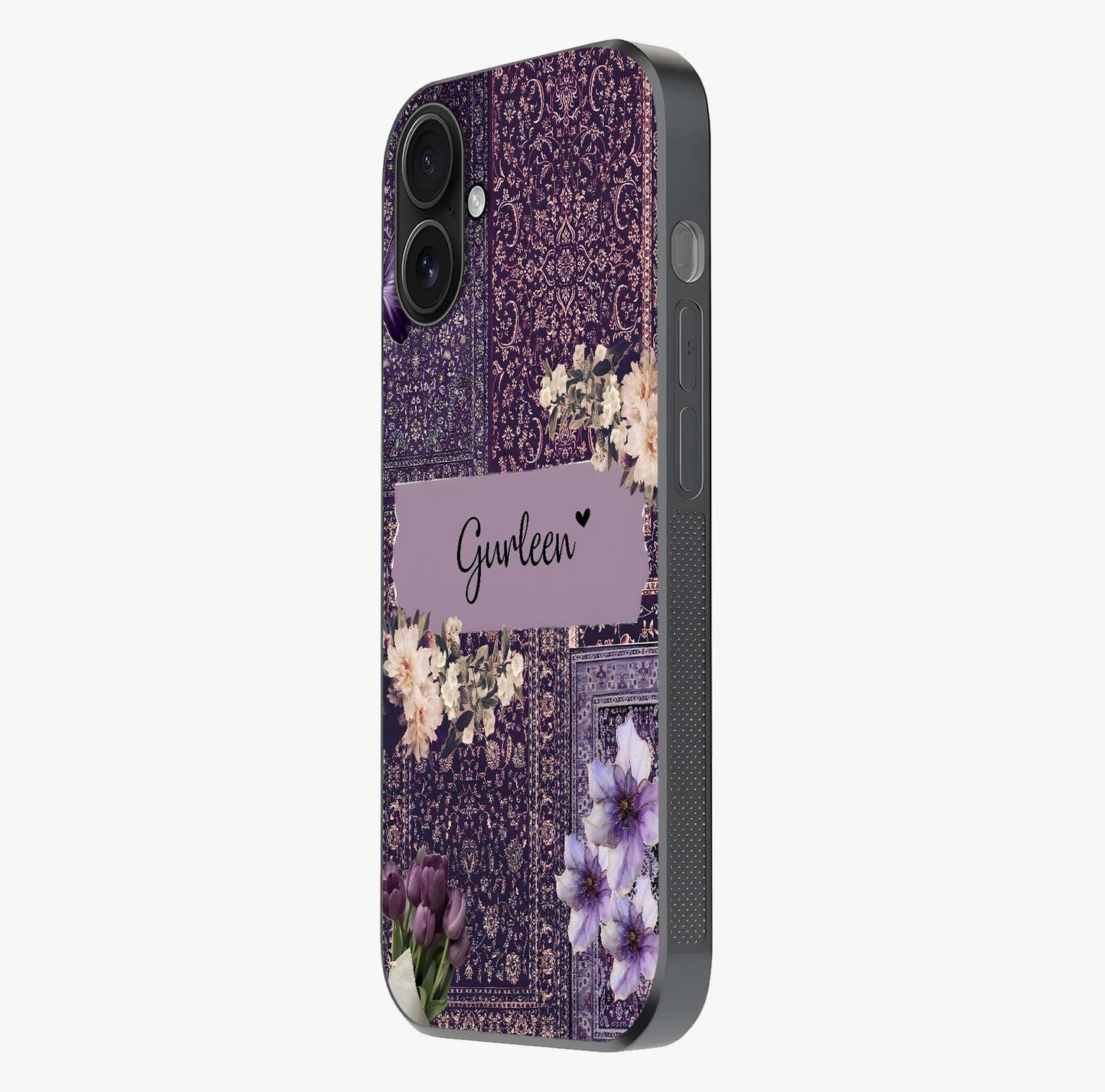 Antique Floral Whisper Custom Name Glass Case photographed in natural light showing reflective finish and design depth.