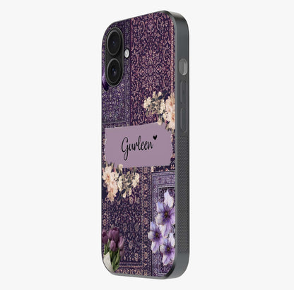 Antique Floral Whisper Custom Name Glass Case photographed in natural light showing reflective finish and design depth.
