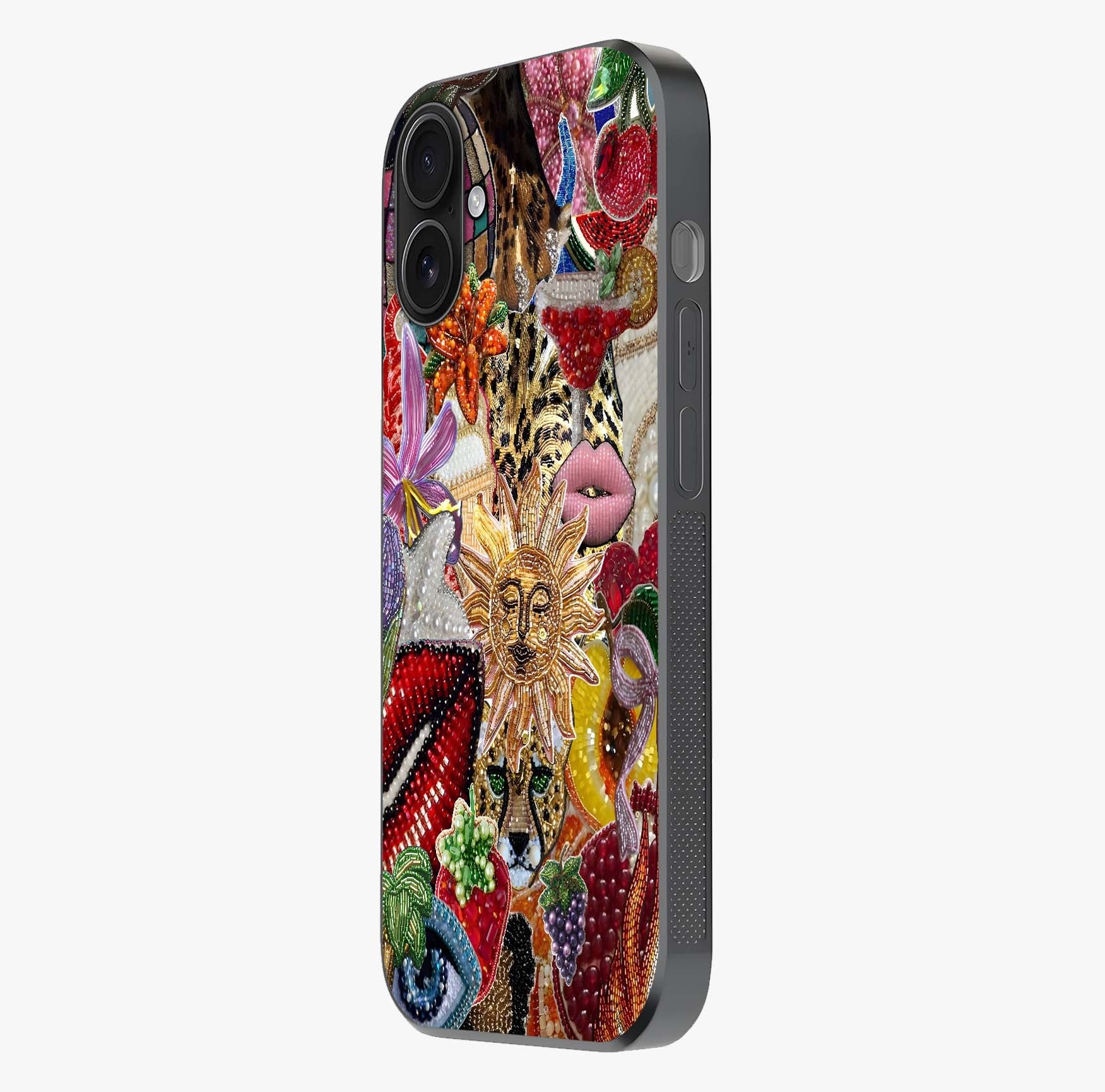 Beaded Fashion Jungle Glass Case photographed in natural light showing reflective finish and design depth.