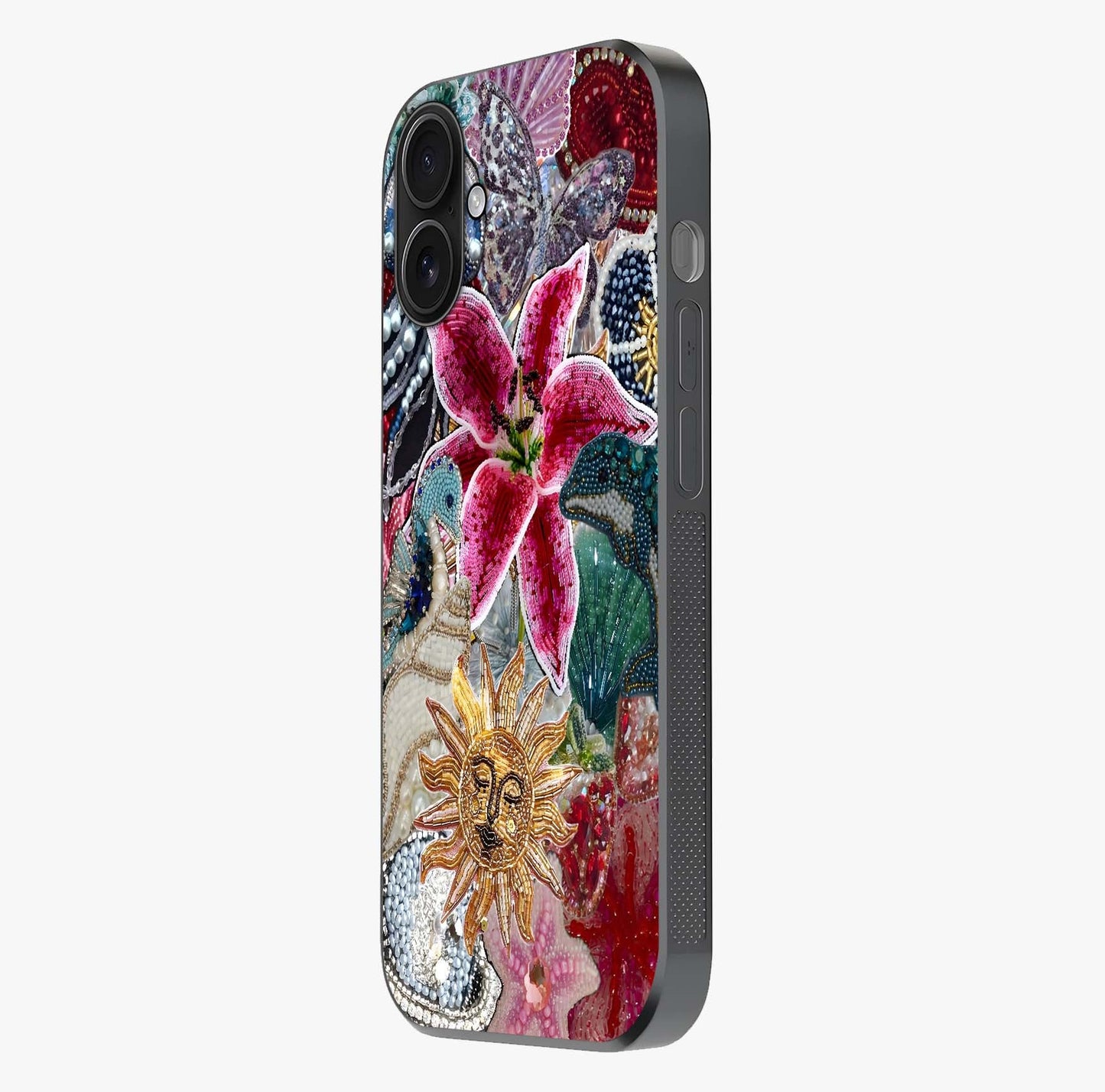 Beaded Garden Fantasy Glass Case photographed in natural light showing reflective finish and design depth.