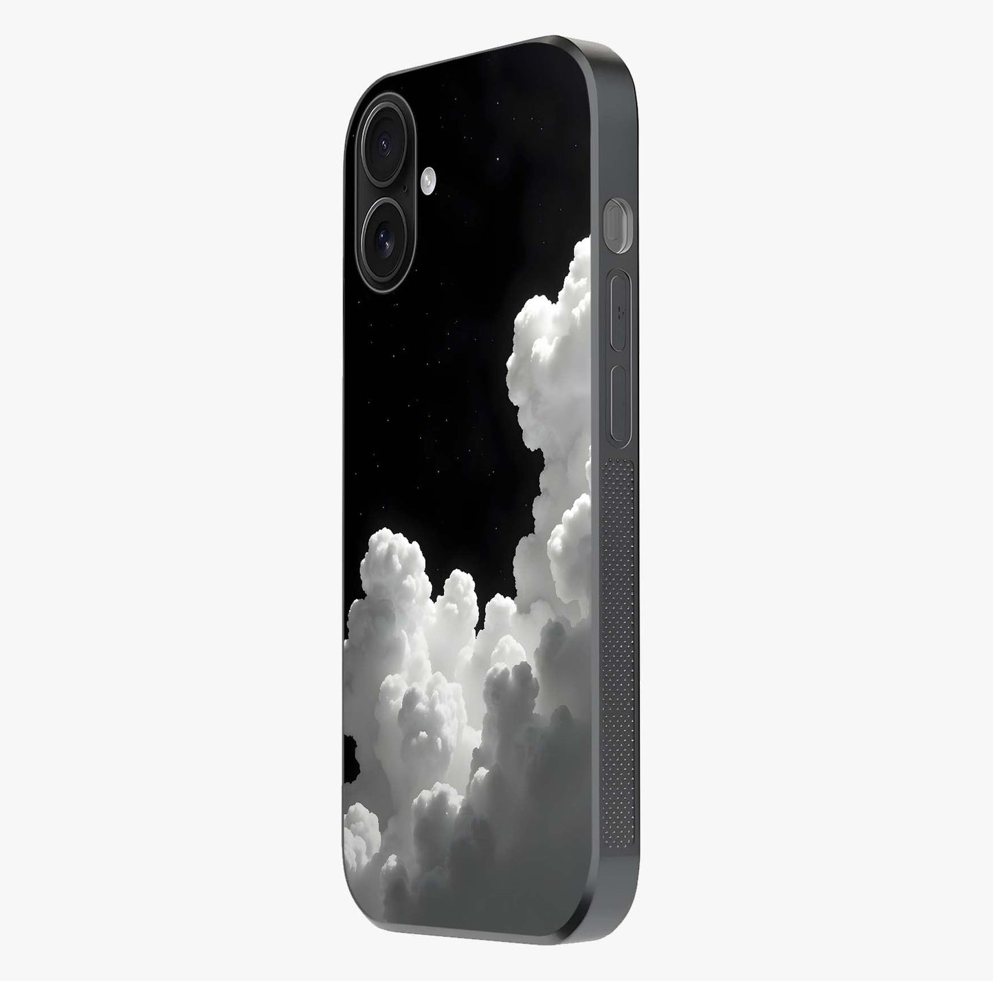 Black Background With White Cloud Glass Case photographed in natural light showing reflective finish and design depth.