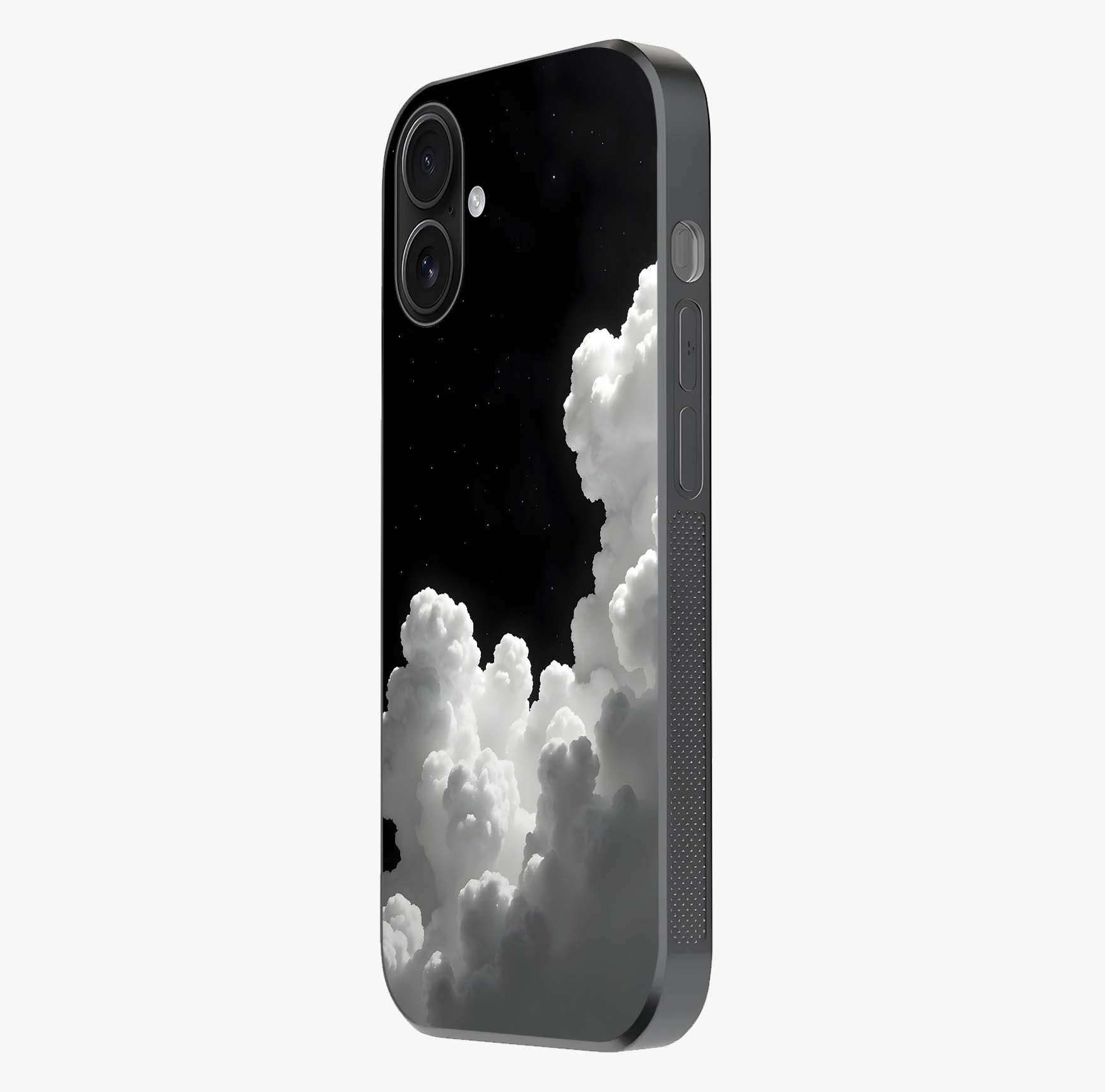 Black Background With White Cloud Glass Case photographed in natural light showing reflective finish and design depth.