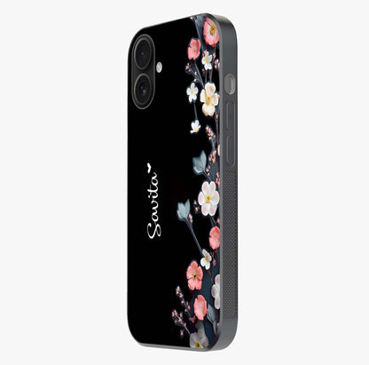 Black Elegance Floral Custom Name Glass Case photographed in natural light showing reflective finish and design depth.