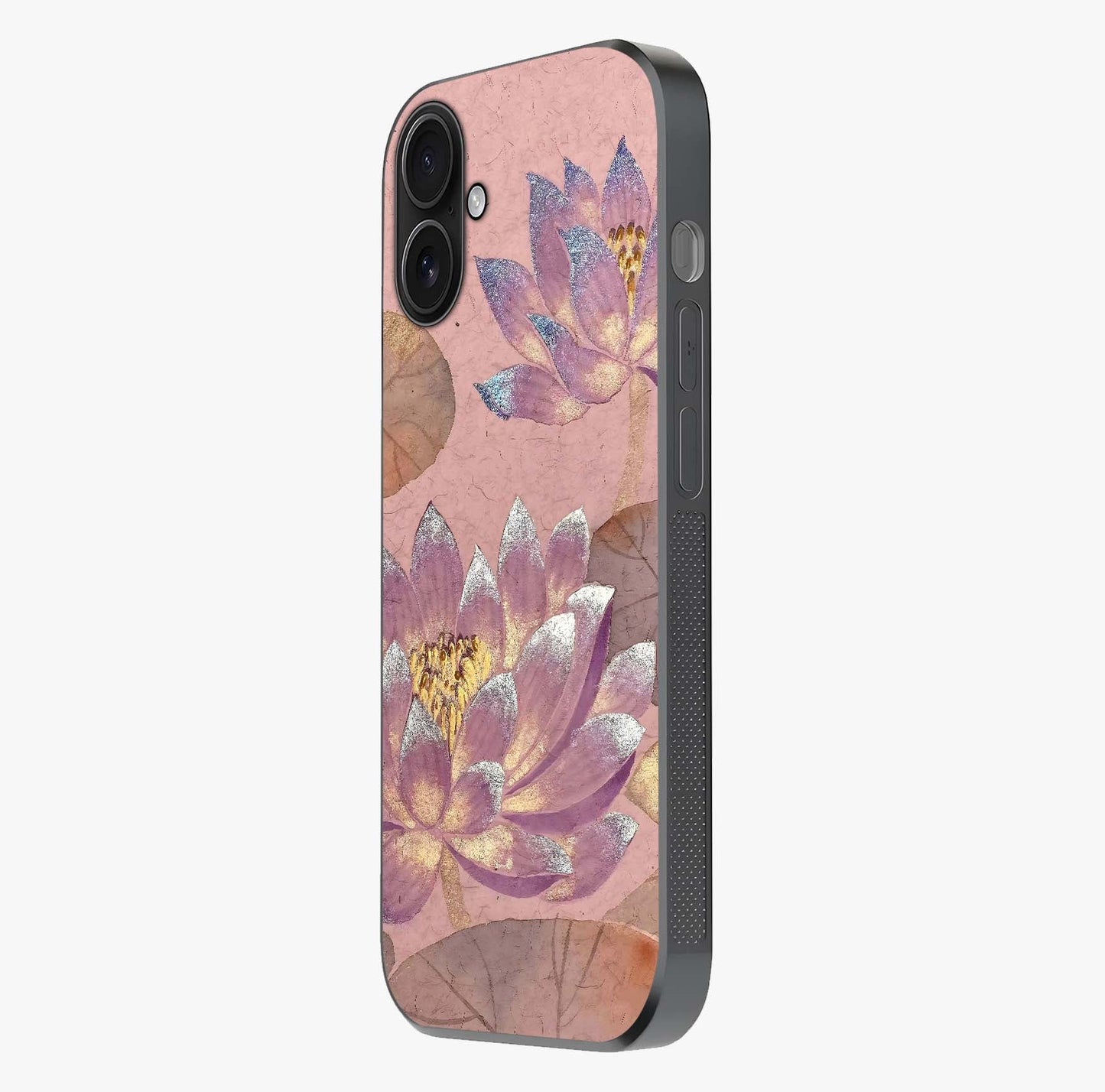 Blossom Mist Lotus Glass Case photographed in natural light showing reflective finish and design depth.