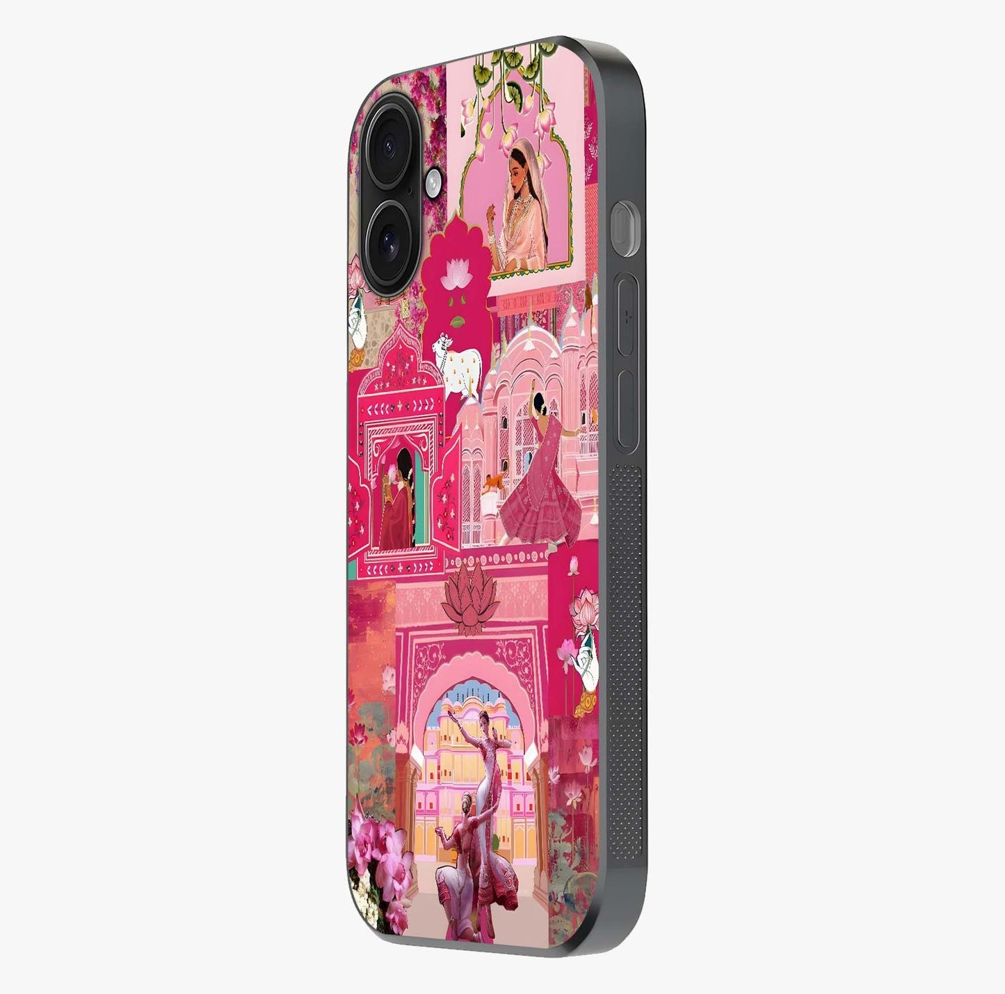 Blossoms Of Rajasthan Glass Case photographed in natural light showing reflective finish and design depth.