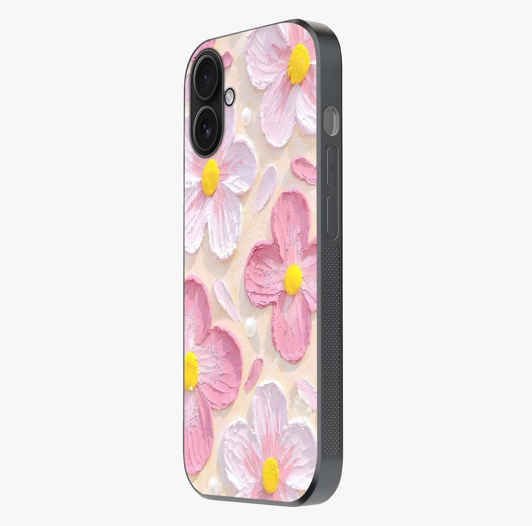 Blush Bloom Texture Glass Case photographed in natural light showing reflective finish and design depth.