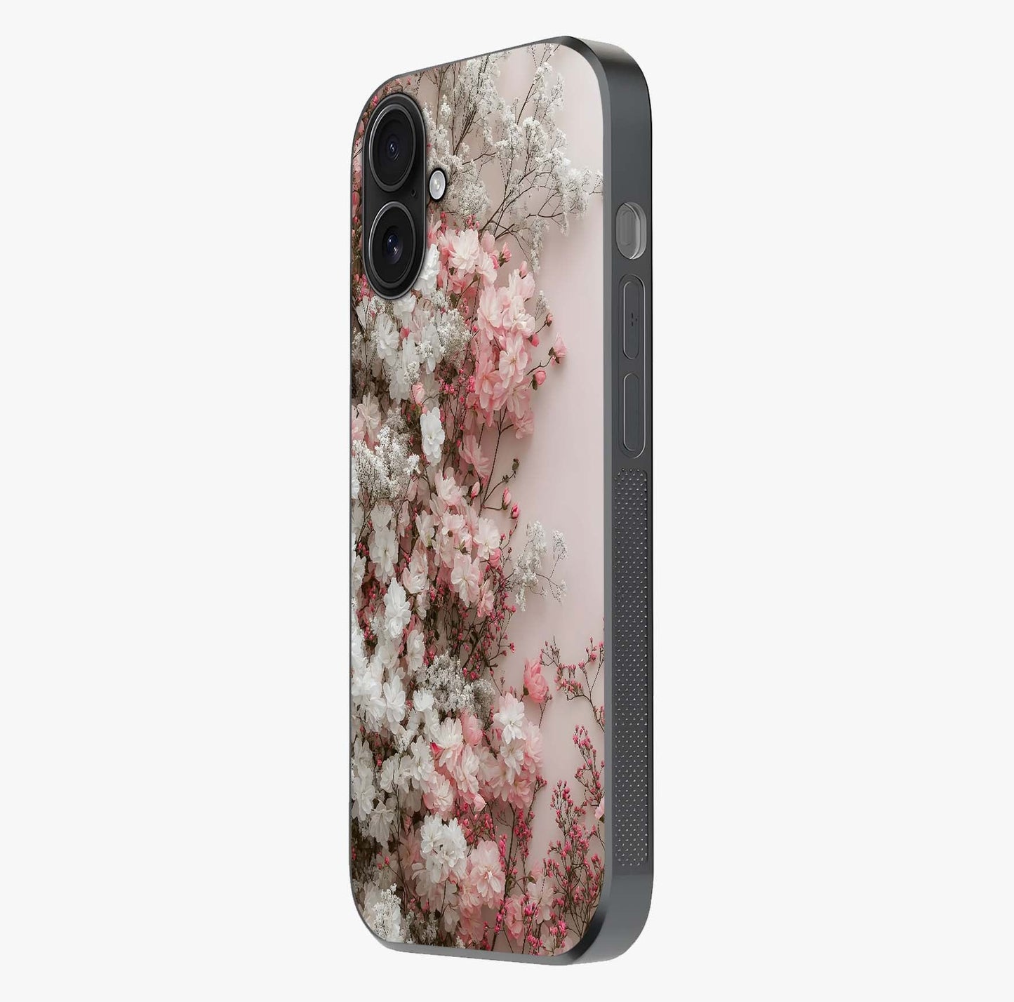 Blush Blossom Cloud Glass Case photographed in natural light showing reflective finish and design depth.