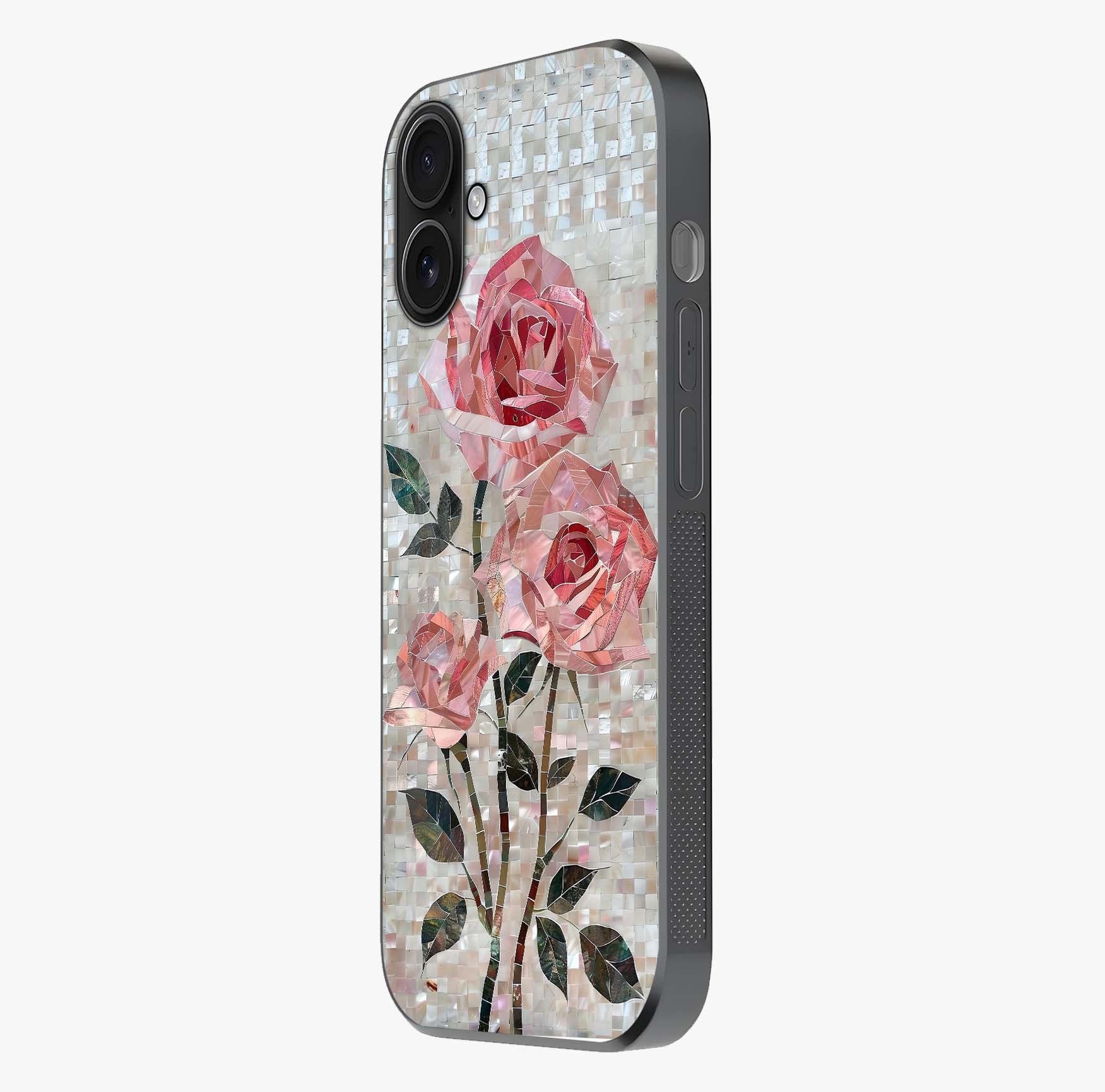 Blush Mosaic Bloom Glass Case photographed in natural light showing reflective finish and design depth.
