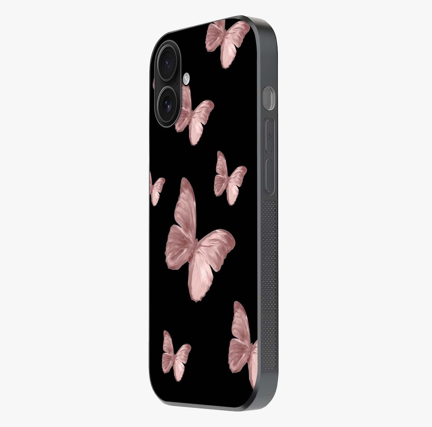 Butterfly Pattern Glass Case photographed in natural light showing reflective finish and design depth.