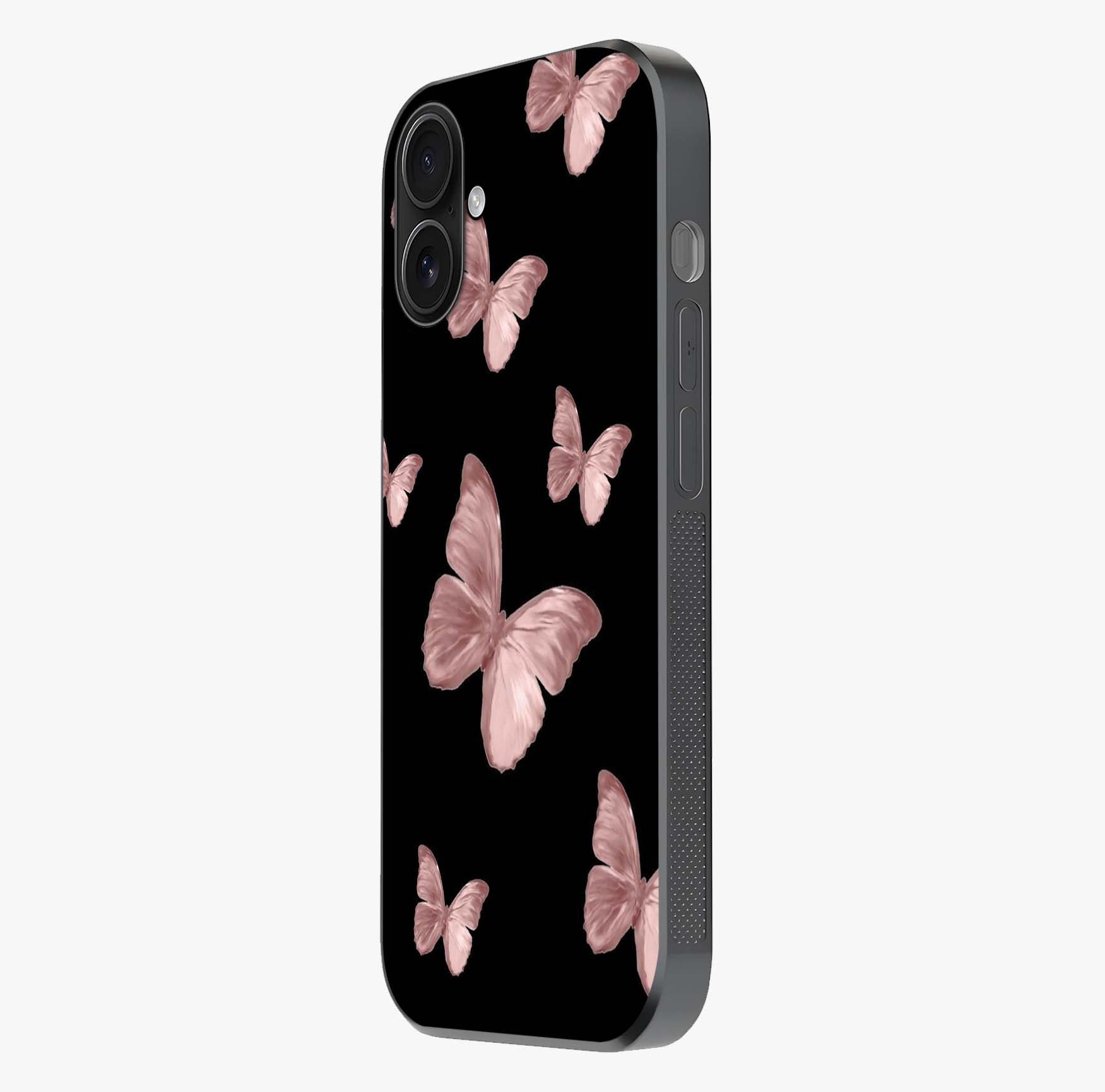 Butterfly Pattern Glass Case photographed in natural light showing reflective finish and design depth.