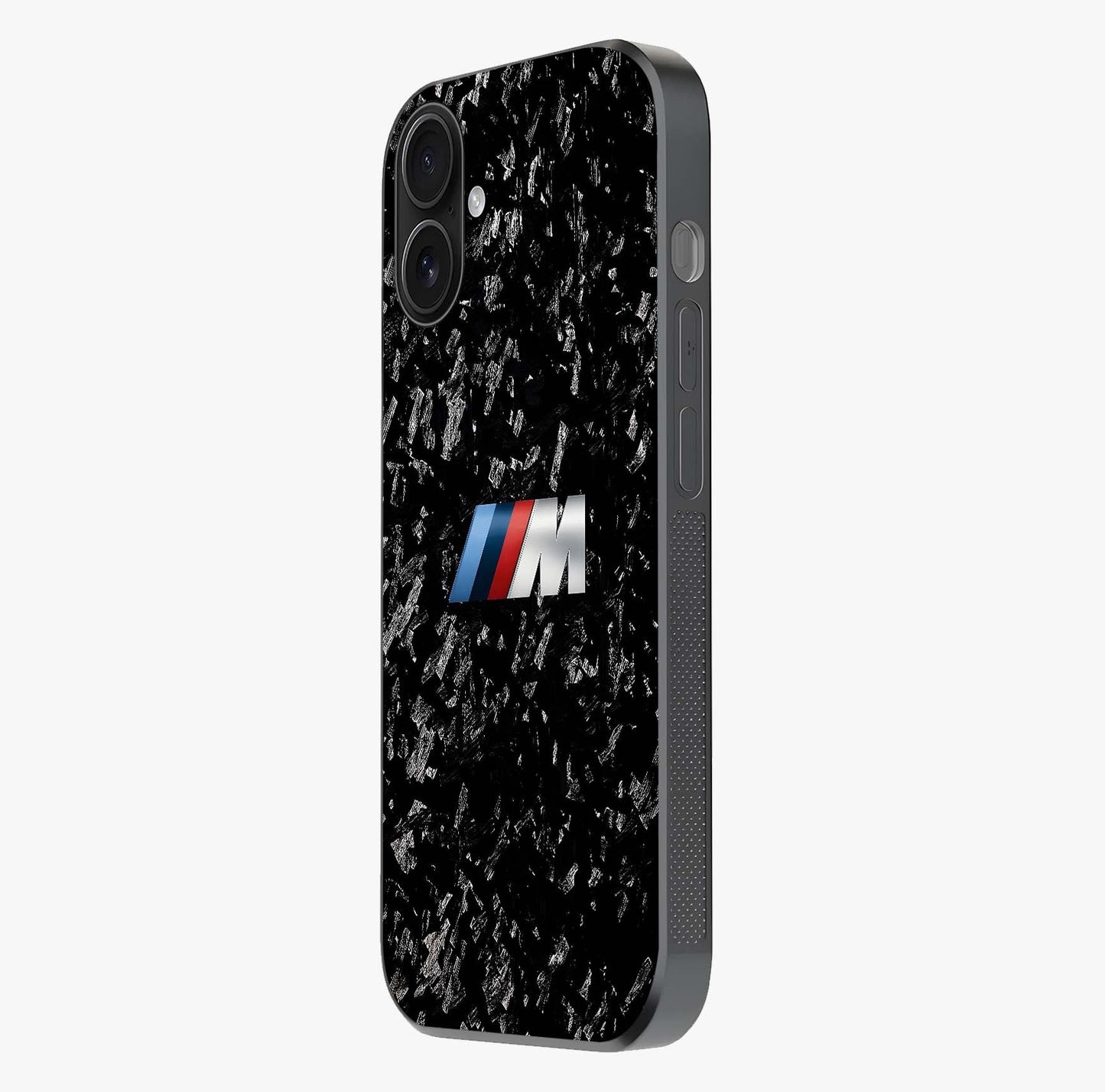 Carbon Speed Mark Glass Case photographed in natural light showing reflective finish and design depth.